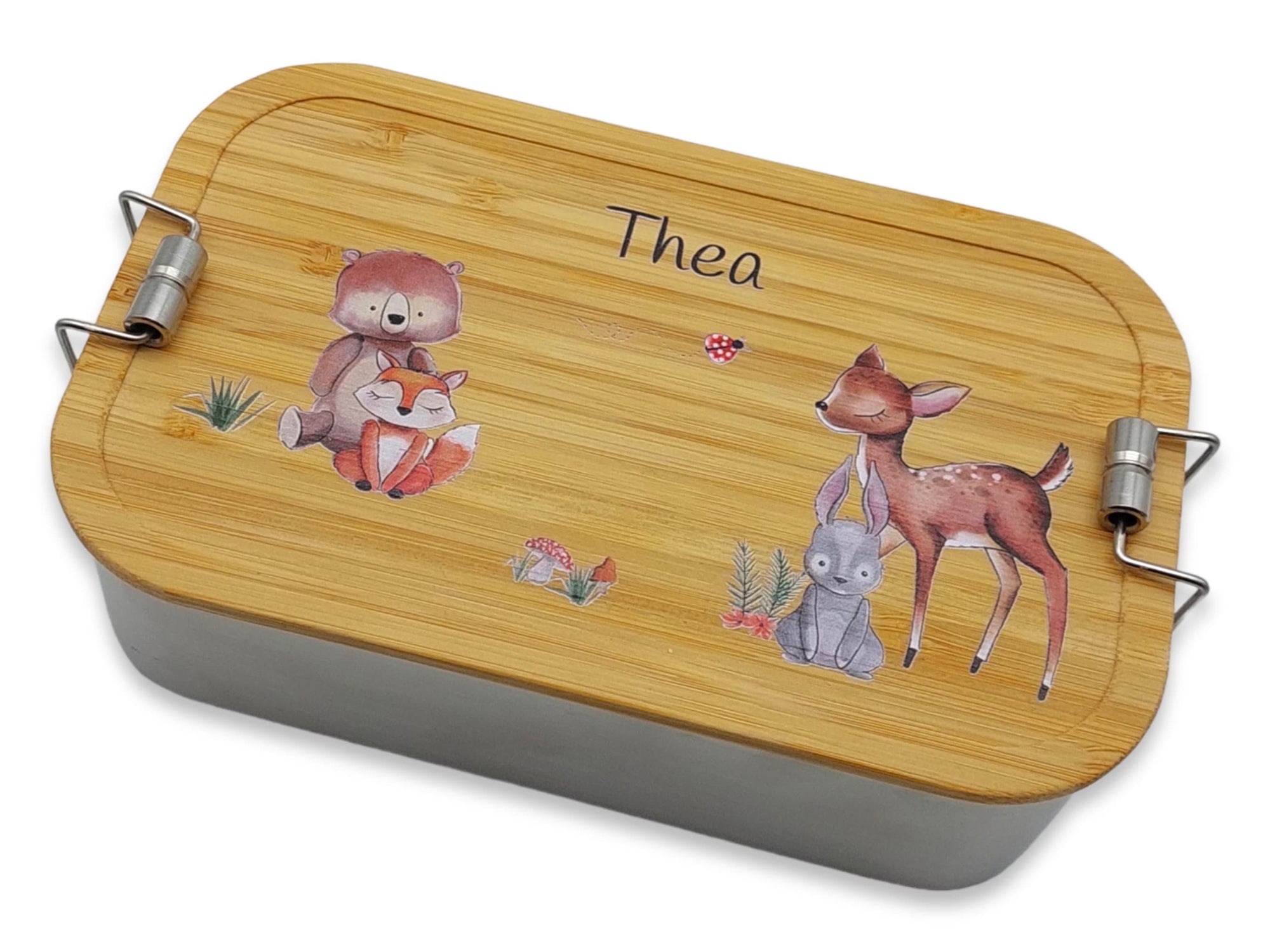 Brotdose personalisiert aus Edelstahl mit Bambus Deckel "Waldtiere 3", Trennsteg, Lunchbox