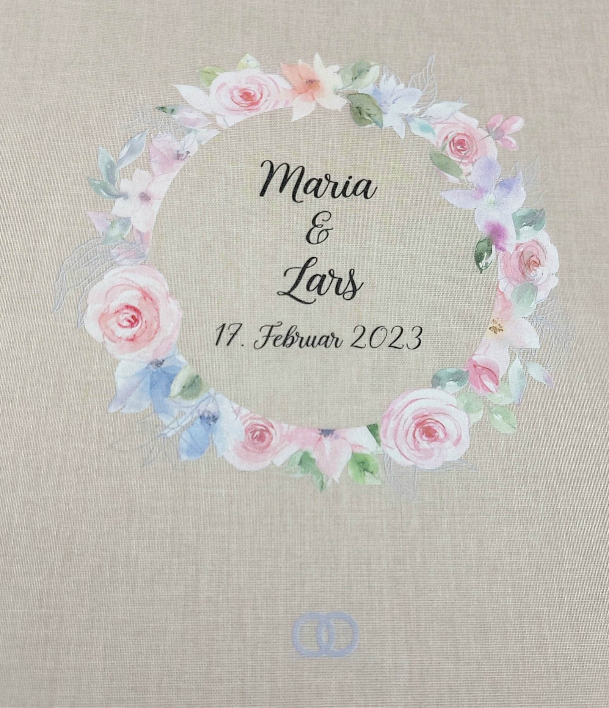 Fotoalbum personalisiert Hochzeit "Blumenkranz rosa" Leinen, Erinnerungsalbum