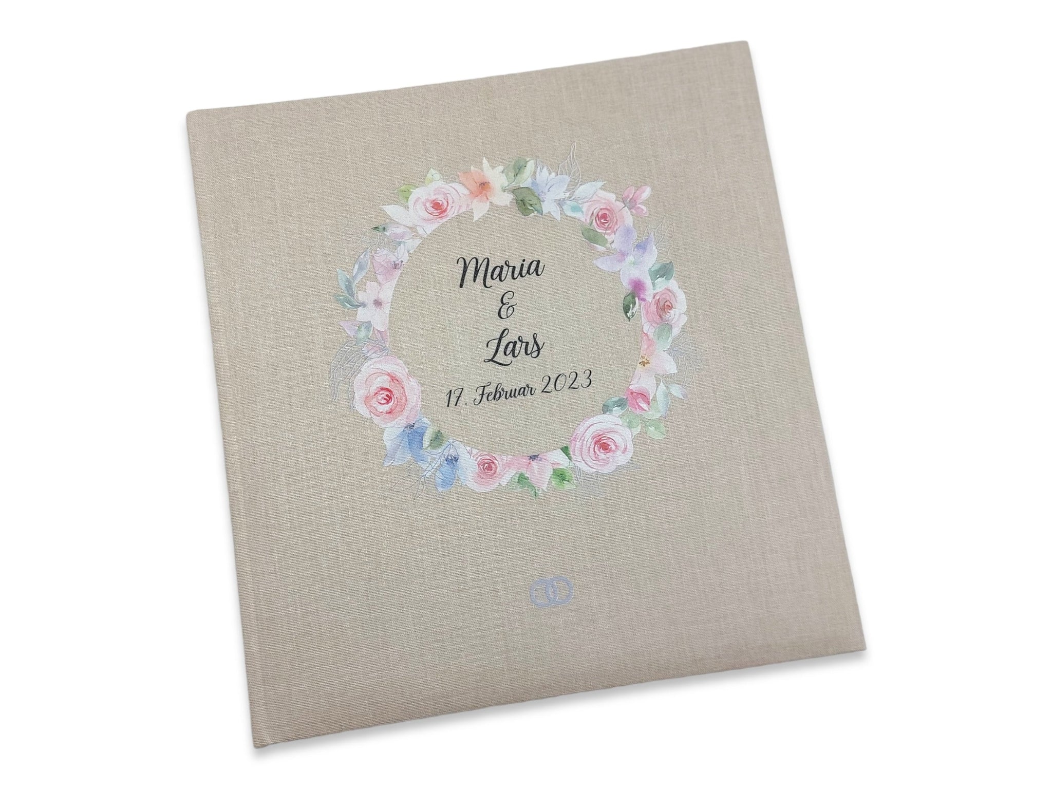 Fotoalbum personalisiert Hochzeit "Blumenkranz rosa" Leinen, Erinnerungsalbum