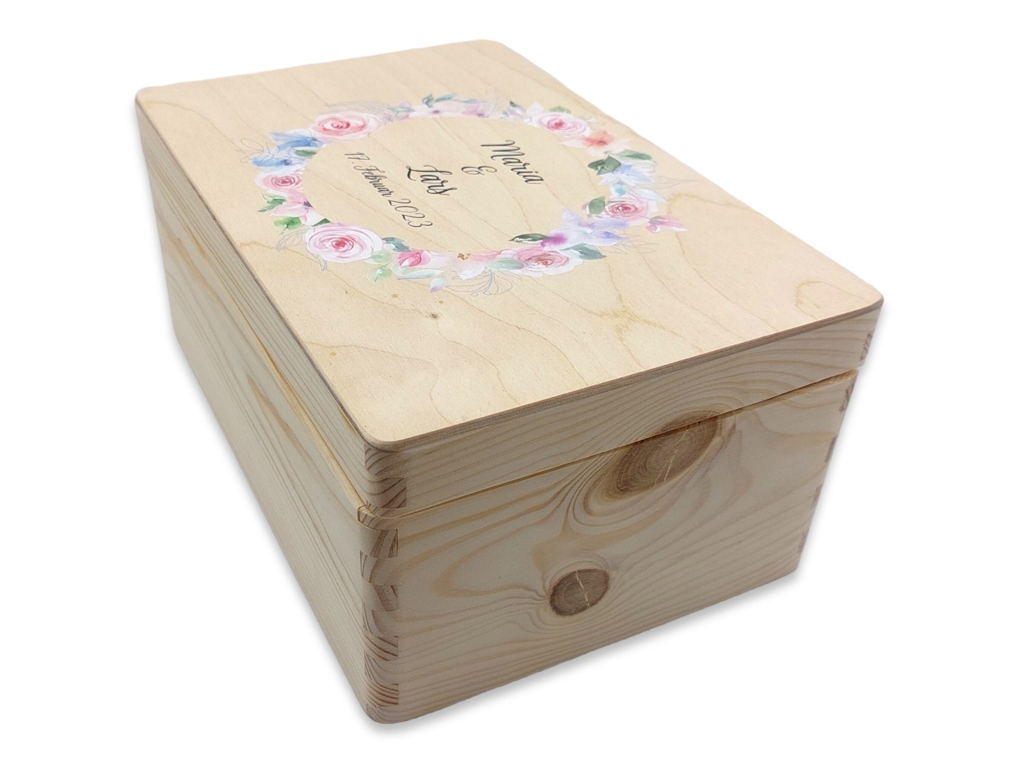 Erinnerungskiste Hochzeit mit Namen "Blumenkranz rosa" Hochzeitsdatum Erinnerungsbox zur Trauung