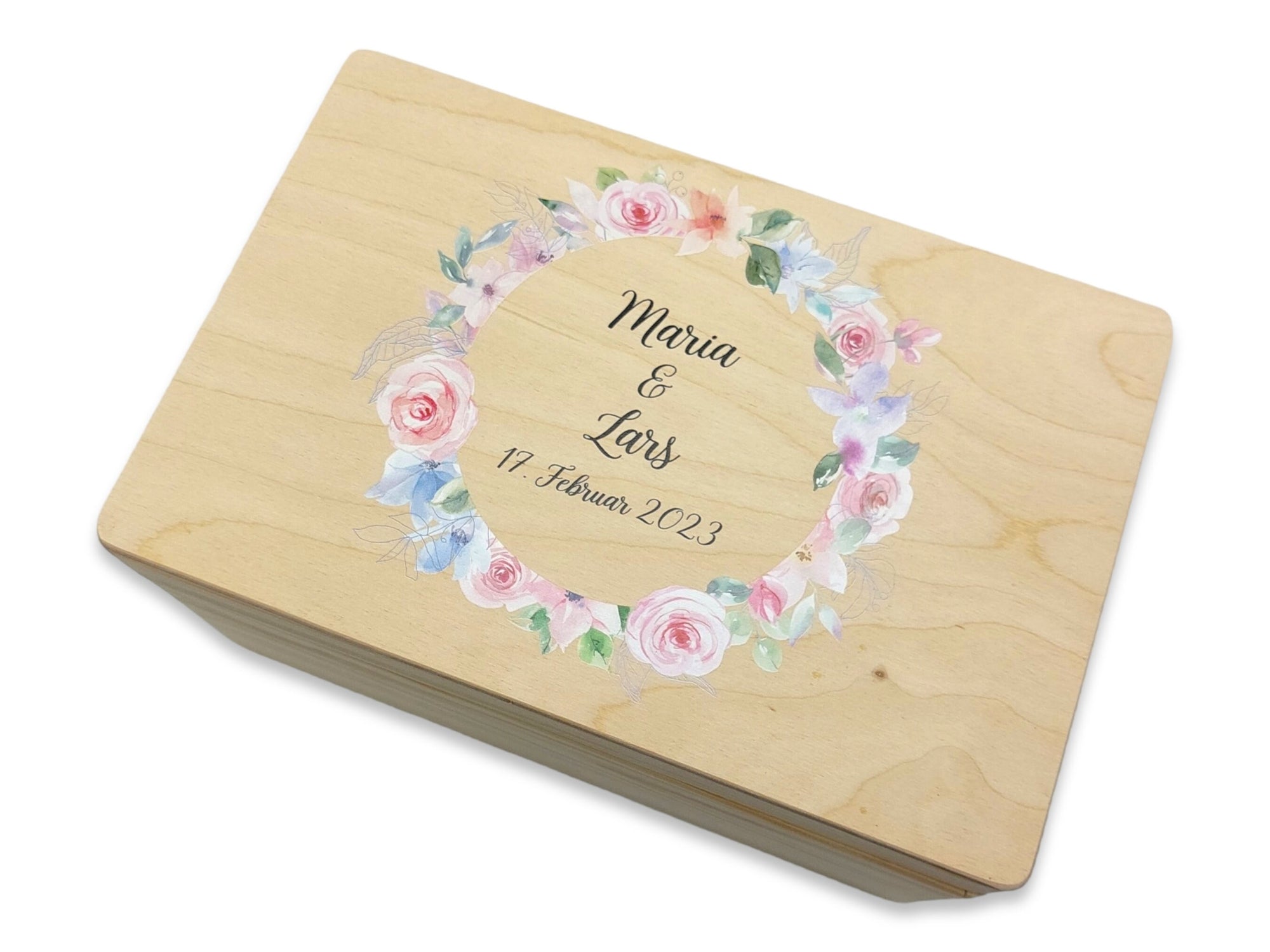 Erinnerungskiste Hochzeit mit Namen "Blumenkranz rosa" Hochzeitsdatum Erinnerungsbox zur Trauung
