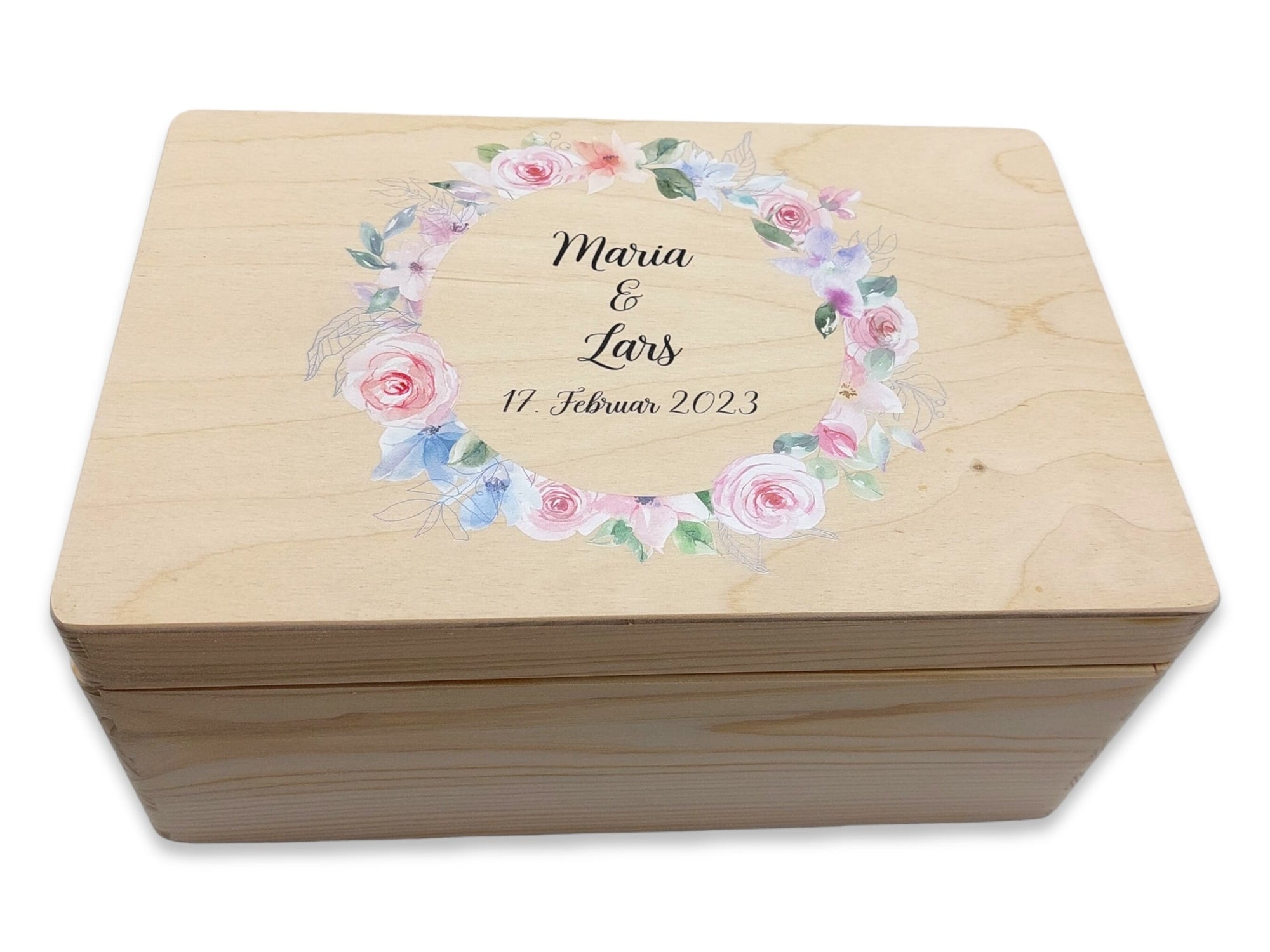 Erinnerungskiste Hochzeit mit Namen "Blumenkranz rosa" Hochzeitsdatum Erinnerungsbox zur Trauung