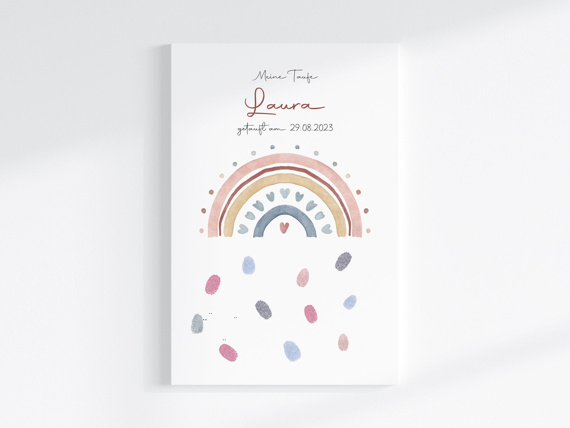 Fingerabdruck Gästebuch auf Keilrahmen personalisiert "Regenbogen Herzen" Leinwand