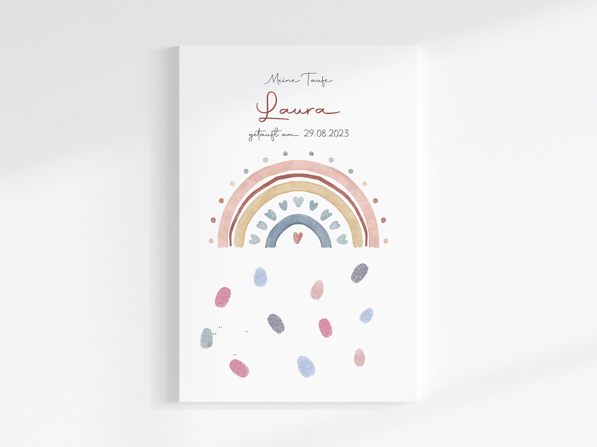 Fingerabdruck Gästebuch auf Keilrahmen personalisiert "Regenbogen Herzen" Leinwand