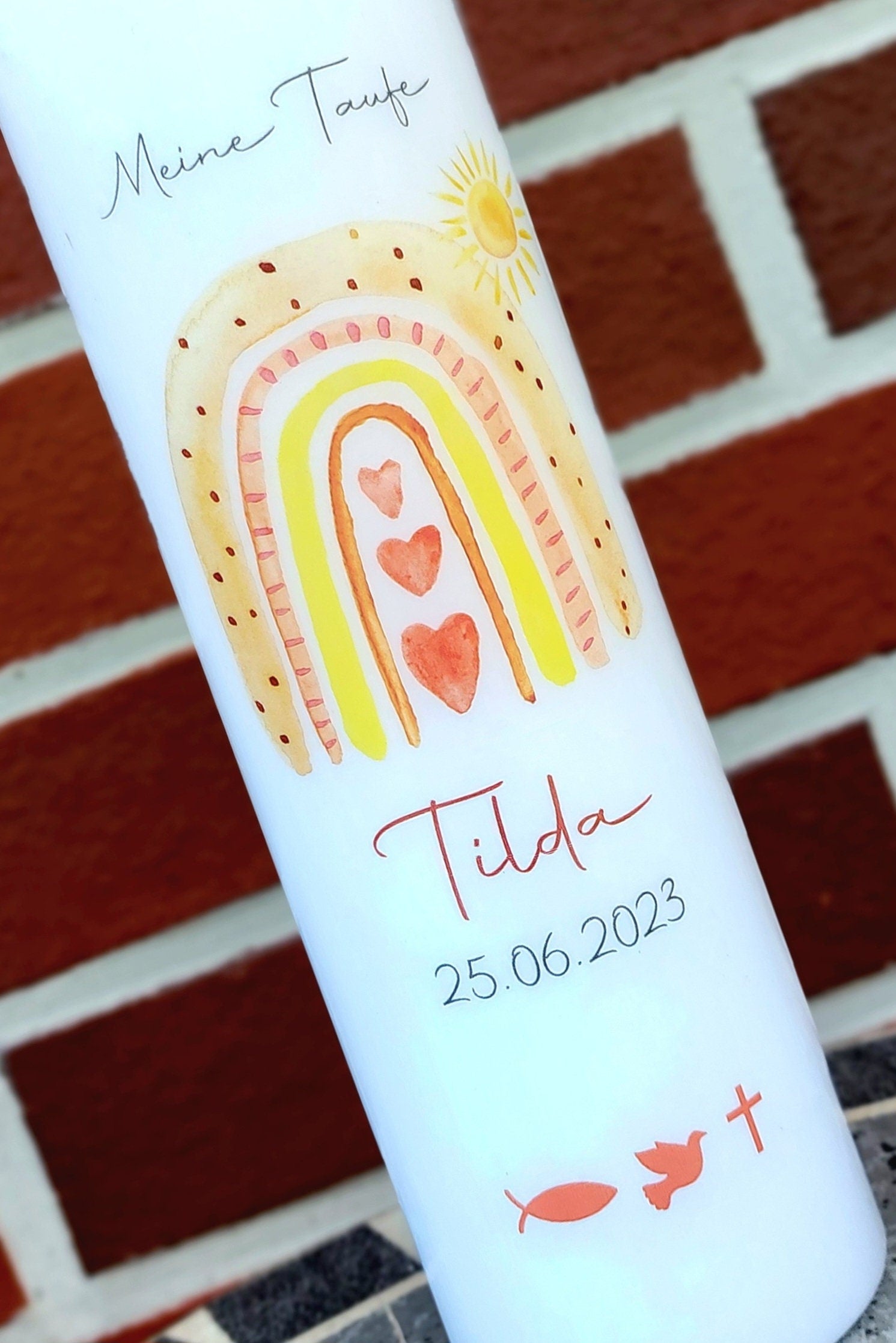 Taufkerze personalisiert mit Namen Datum und Taufspruch "Regenbogen gelb Sonne", Junge/ Mädchen