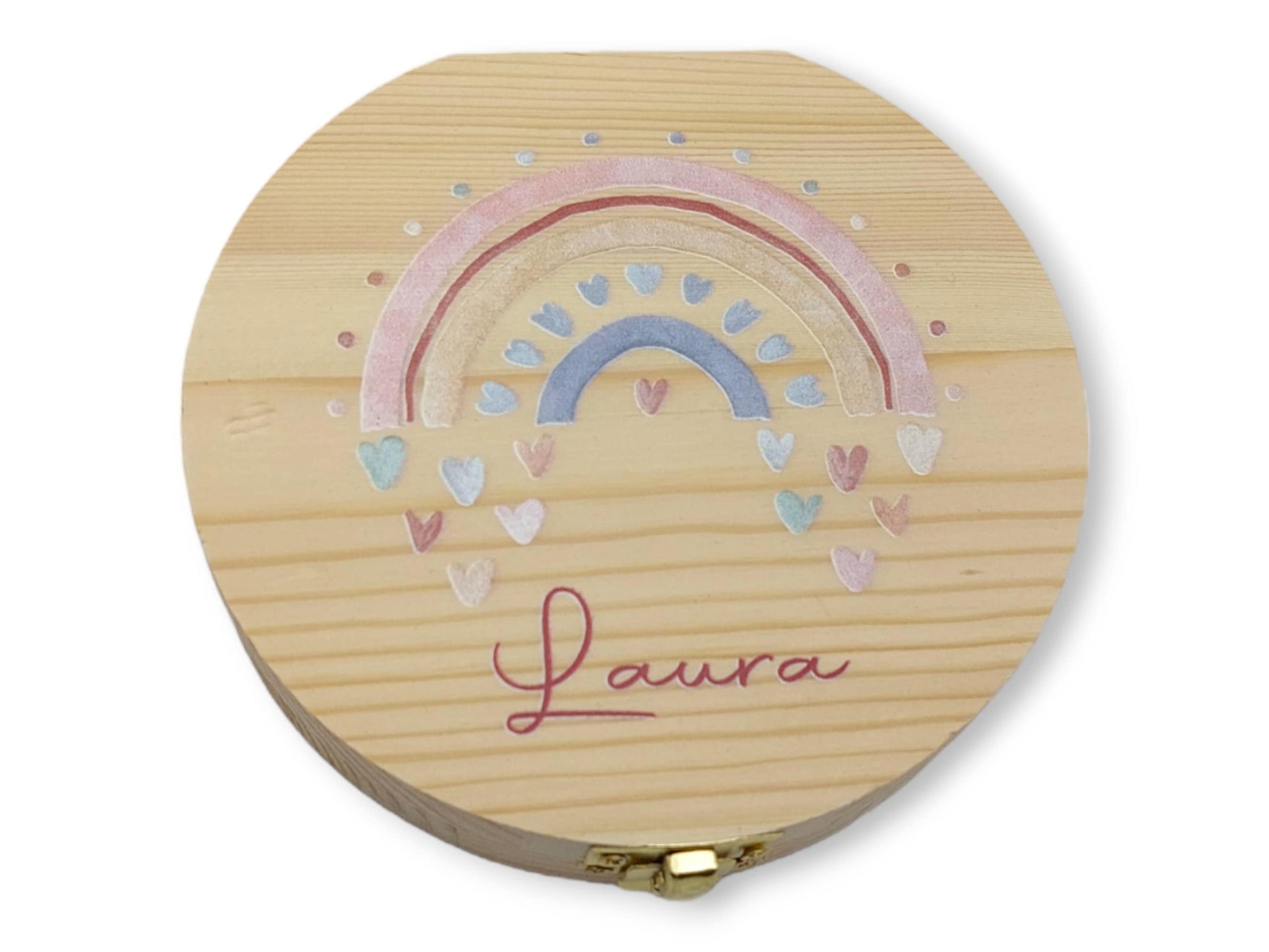 Milchzahndose personalisiert "Regenbogen Herzen" / Milchzahnbox aus Holz