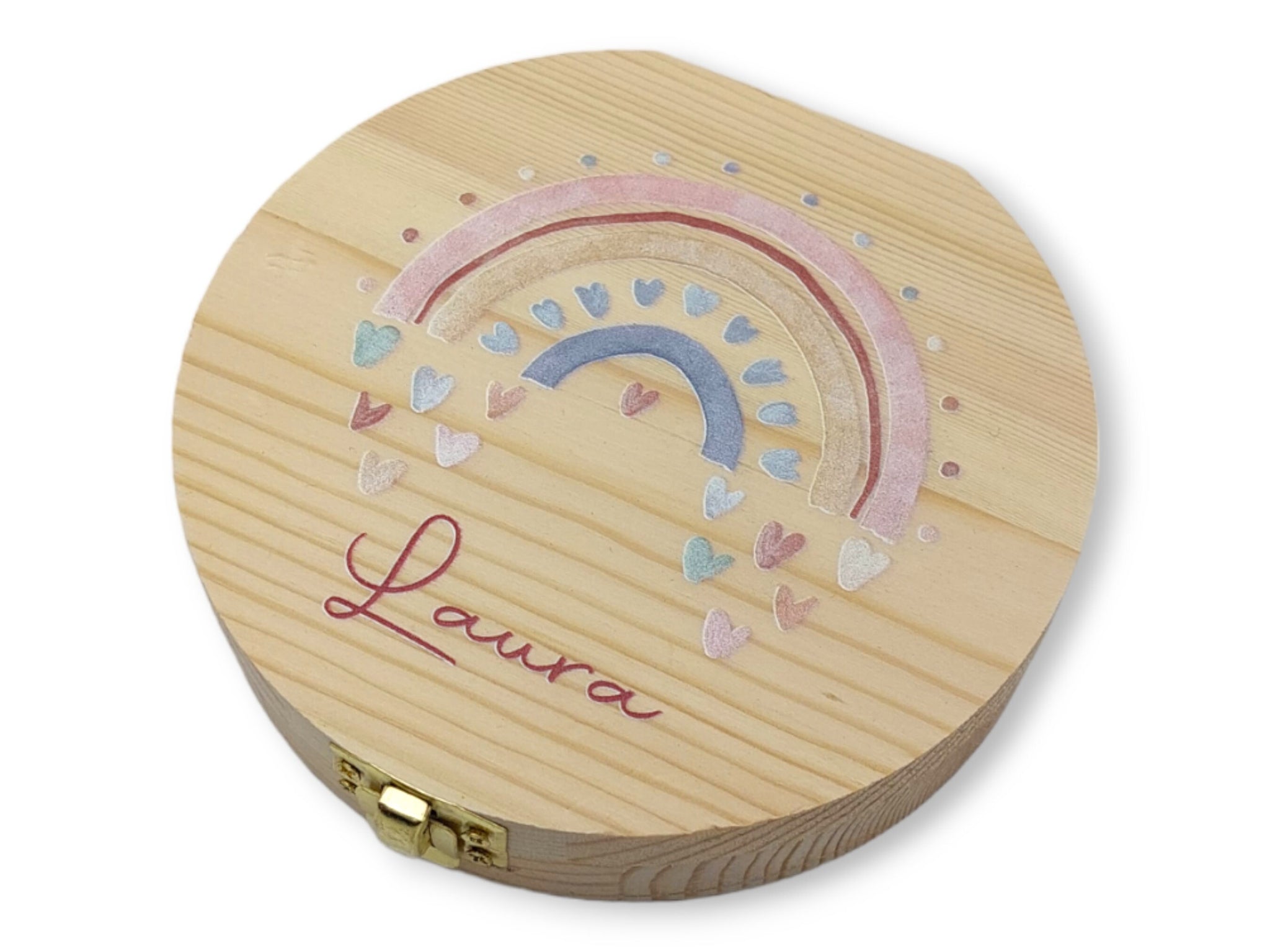 Milchzahndose personalisiert "Regenbogen Herzen" / Milchzahnbox aus Holz