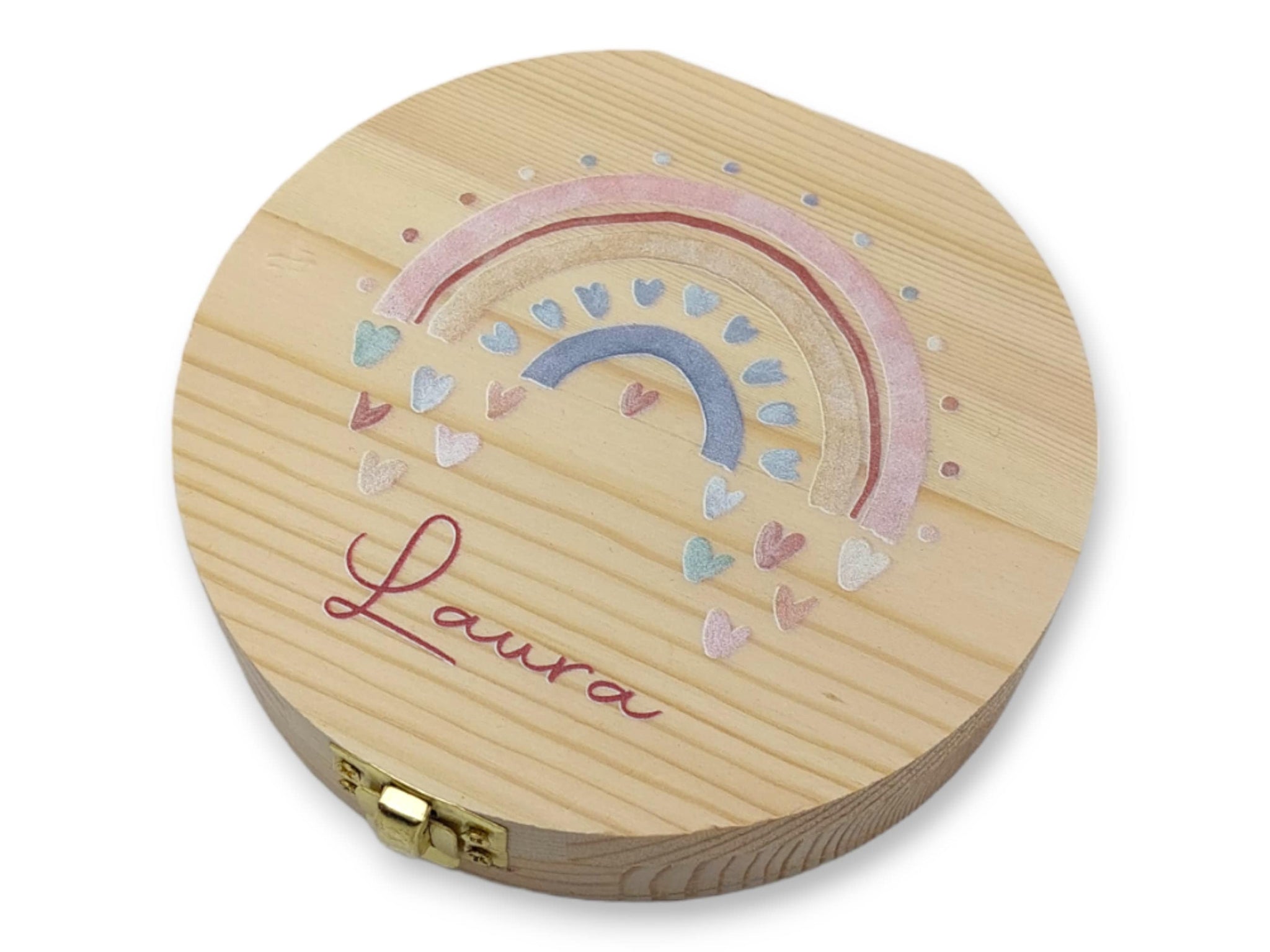 Milchzahndose personalisiert "Regenbogen Herzen" / Milchzahnbox aus Holz
