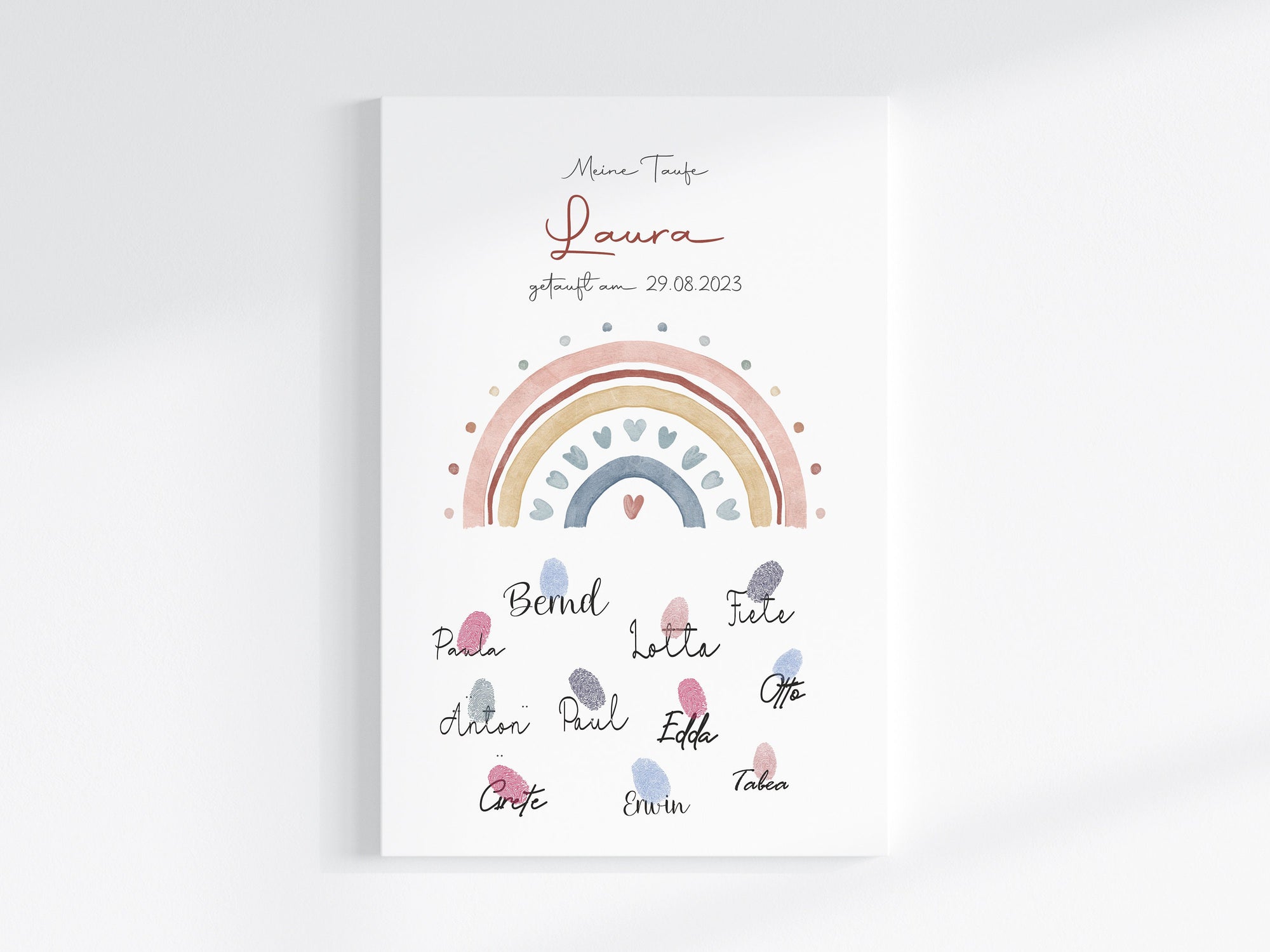Fingerabdruck Gästebuch auf Keilrahmen personalisiert "Regenbogen Herzen" Leinwand