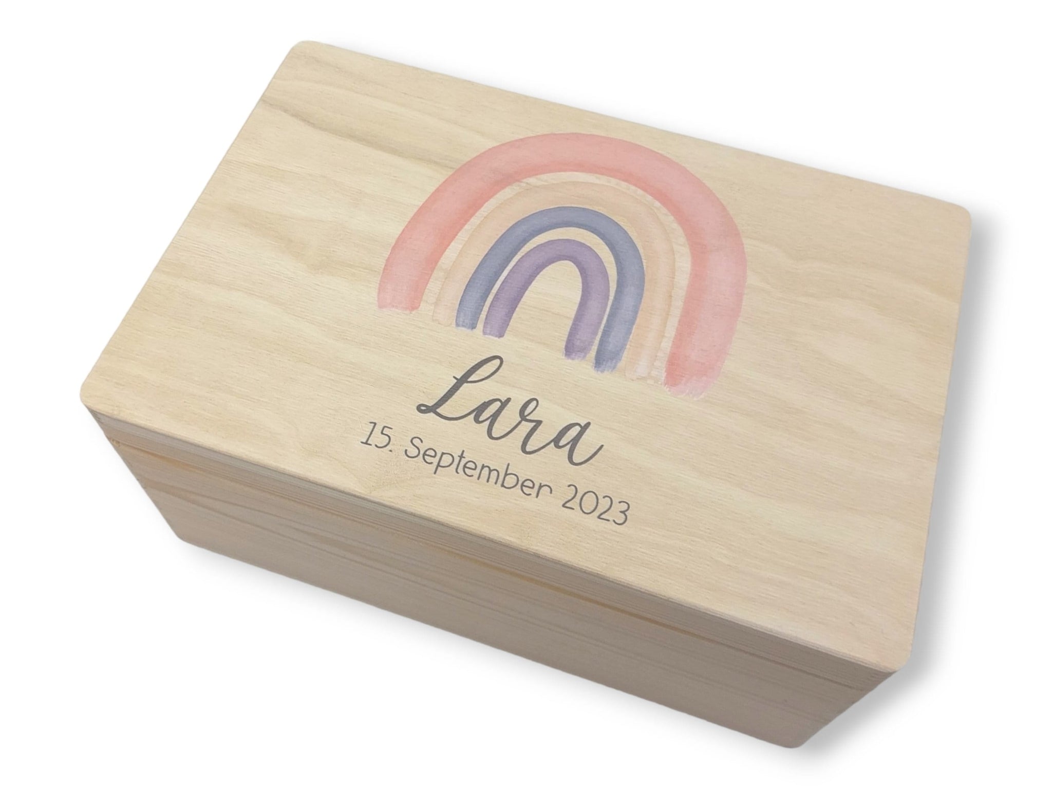 Erinnerungskiste Baby mit Namen "Regenbogen peach" Geburtsdatum Erinnerungsbox für Kinder