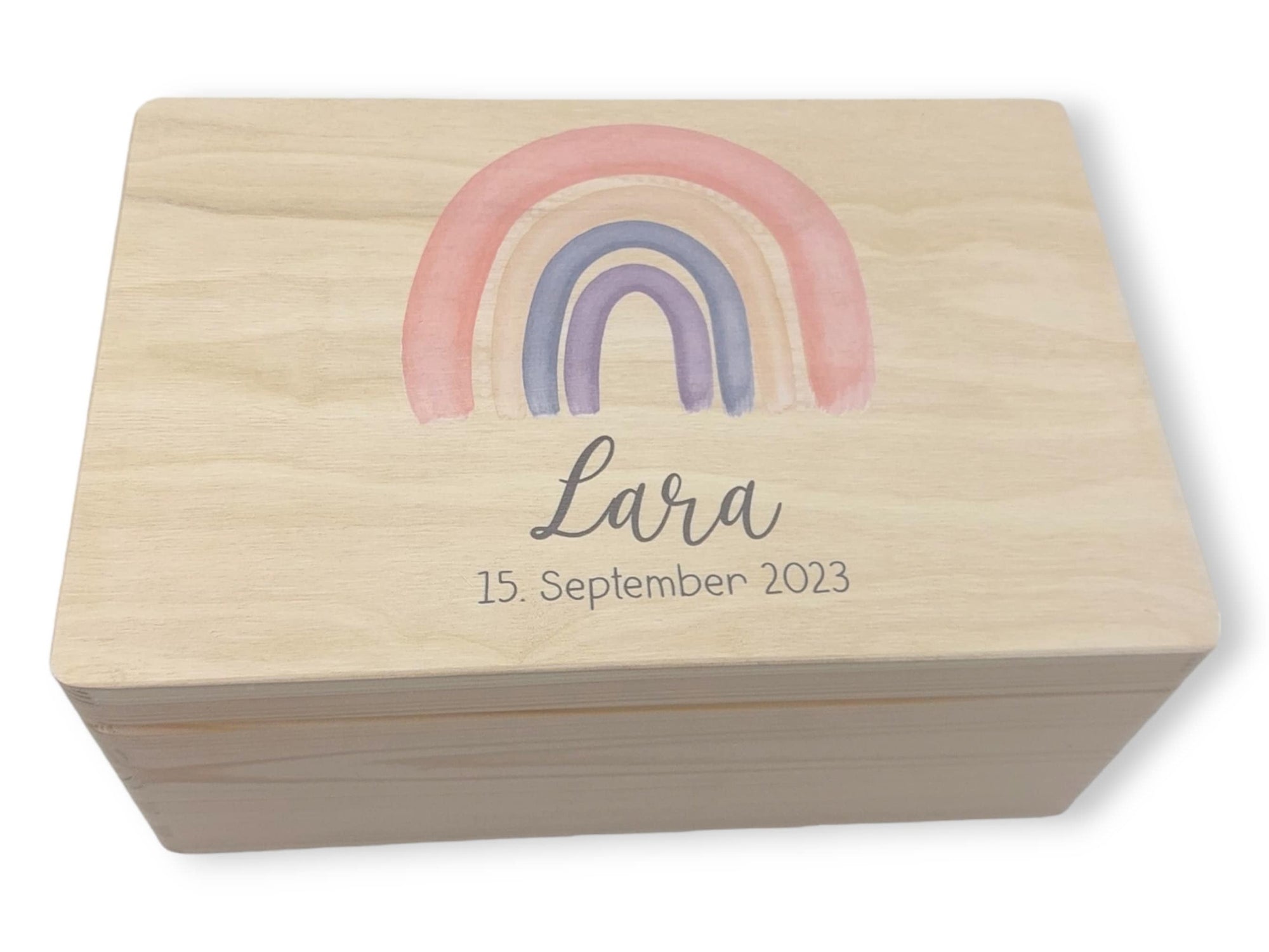 Erinnerungskiste Baby mit Namen "Regenbogen peach" Geburtsdatum Erinnerungsbox für Kinder