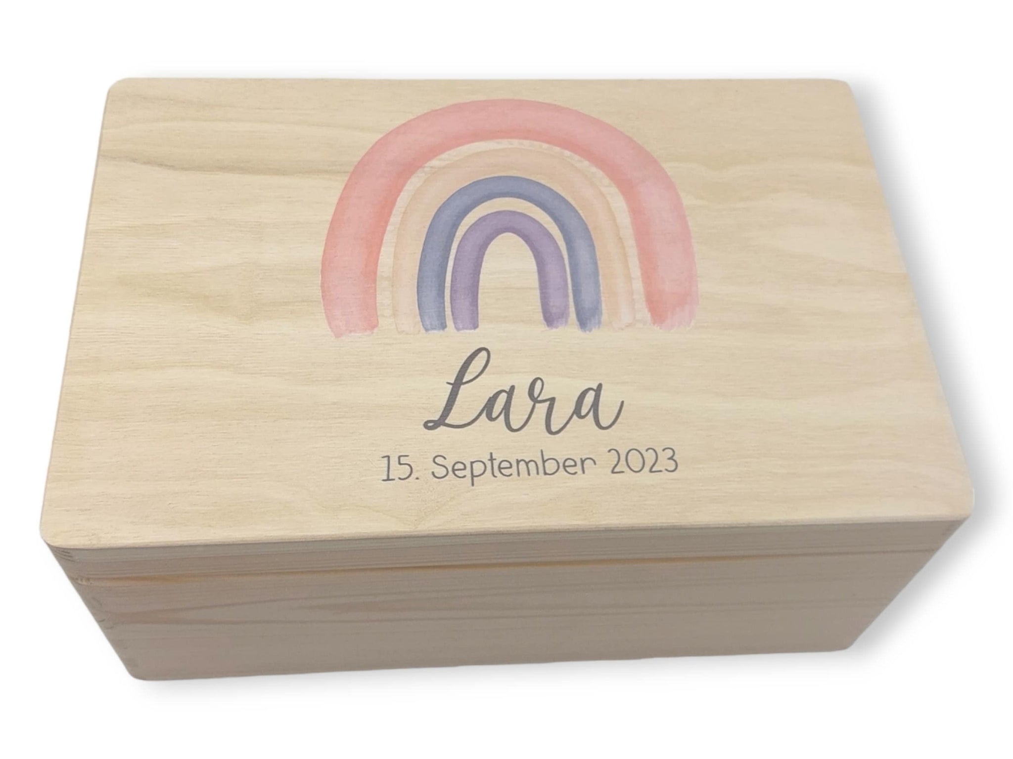 Erinnerungskiste Baby mit Namen "Regenbogen peach" Geburtsdatum Erinnerungsbox für Kinder