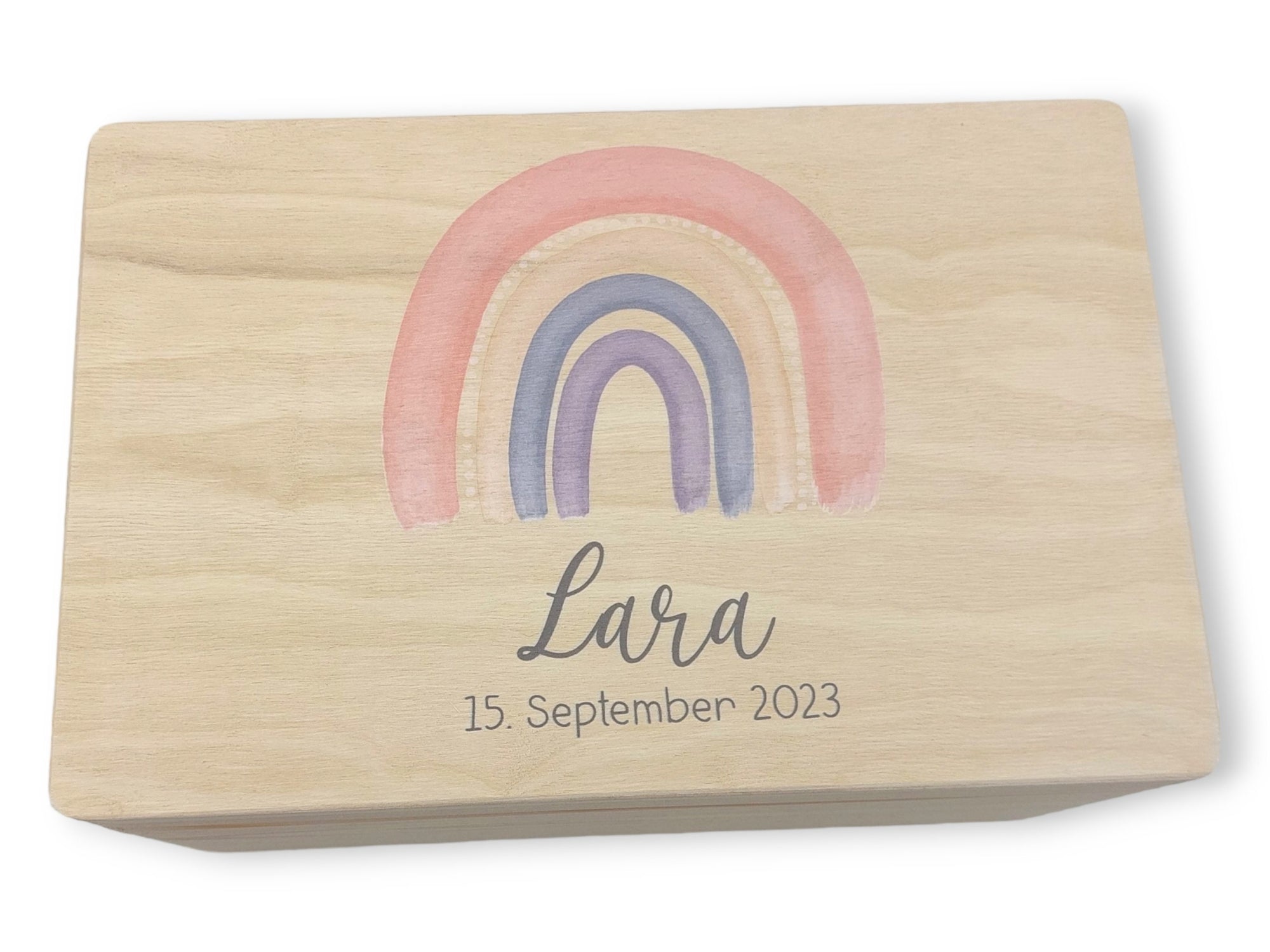 Erinnerungskiste Baby mit Namen "Regenbogen peach" Geburtsdatum Erinnerungsbox für Kinder