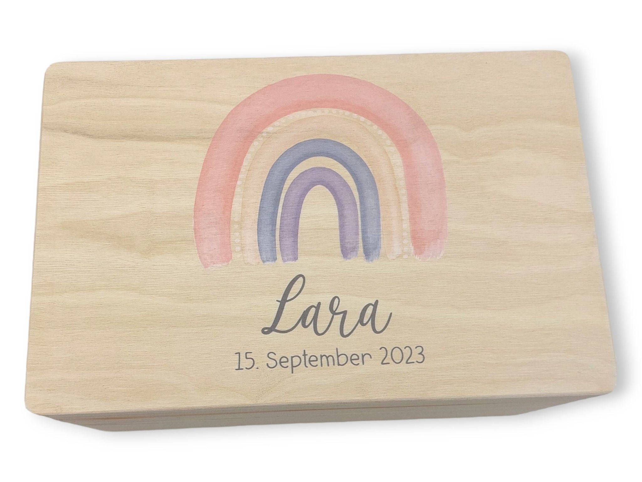 Erinnerungskiste Baby mit Namen "Regenbogen peach" Geburtsdatum Erinnerungsbox für Kinder