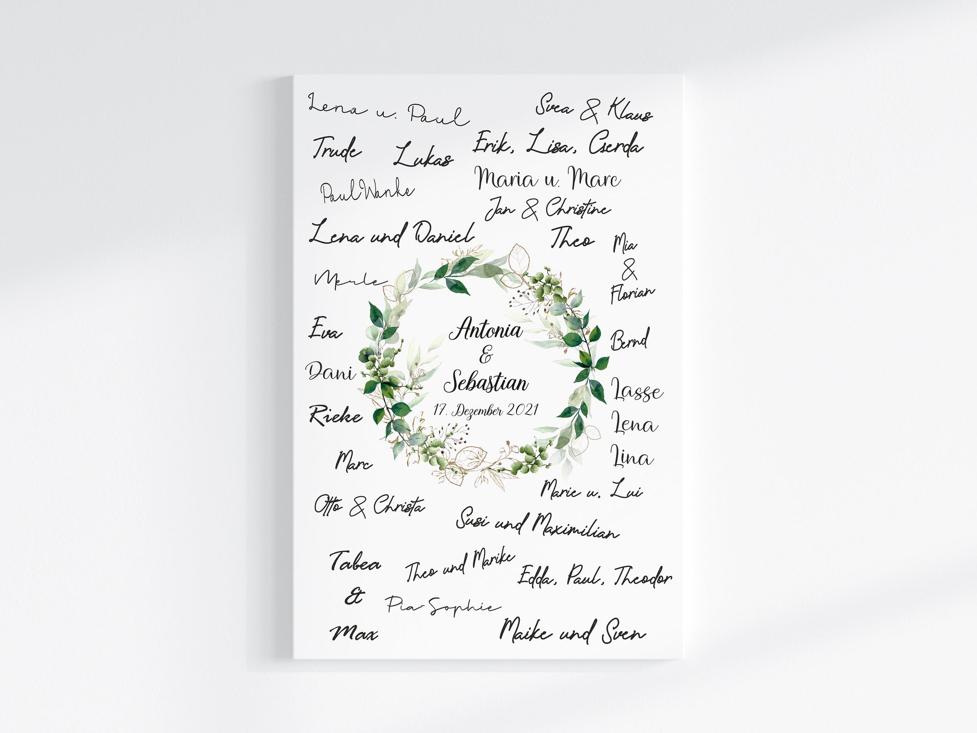 Fingerabdruck Gästebuch auf Keilrahmen personalisiert "Greenery" Leinwand