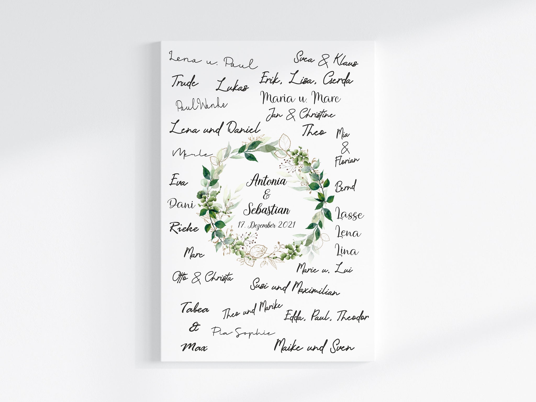 Fingerabdruck Gästebuch auf Keilrahmen personalisiert "Greenery" Leinwand