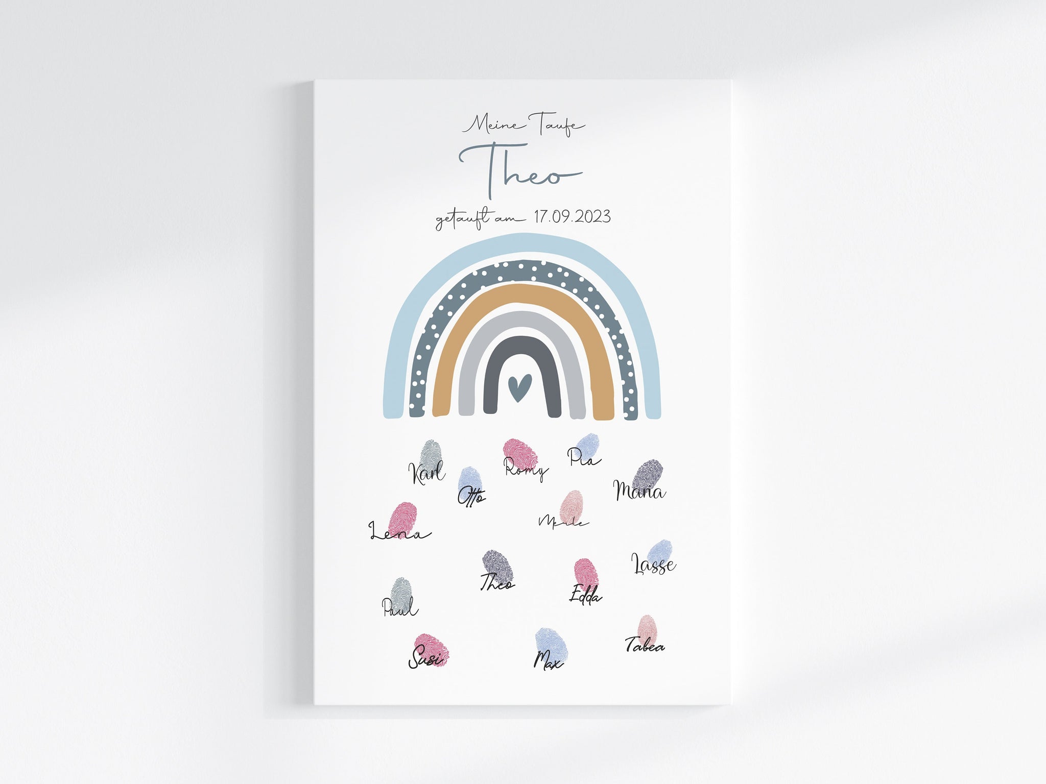 Fingerabdruck Gästebuch auf Keilrahmen personalisiert "Regenbogen Punkte" Leinwand