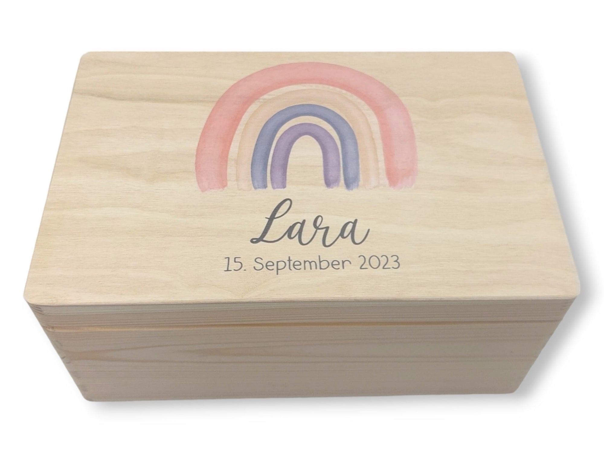 Erinnerungskiste Baby mit Namen "Regenbogen peach" Geburtsdatum Erinnerungsbox für Kinder