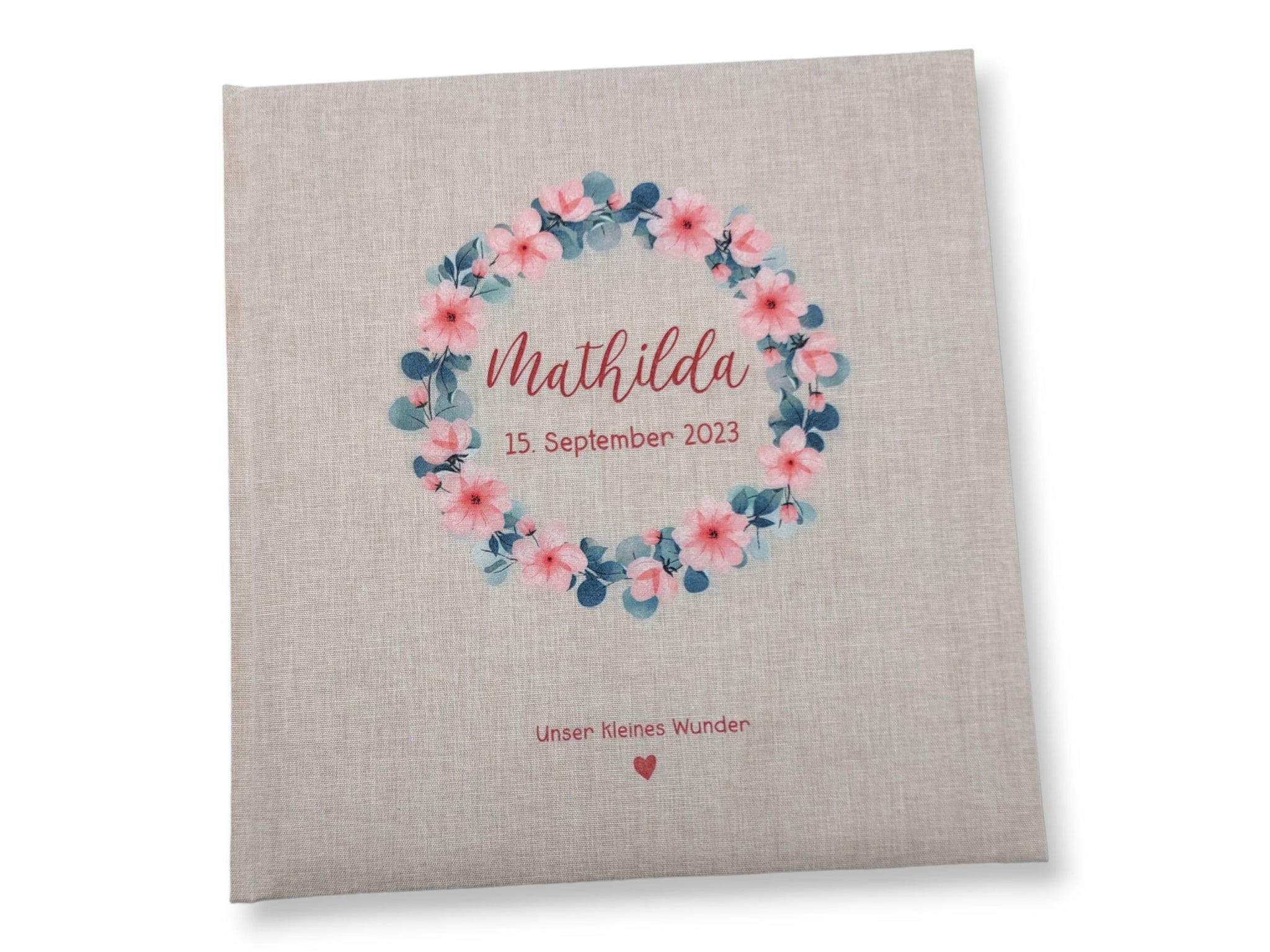 Fotoalbum personalisiert Baby, Kind "Blumenkranz 7" Leinen, Erinnerungsalbum