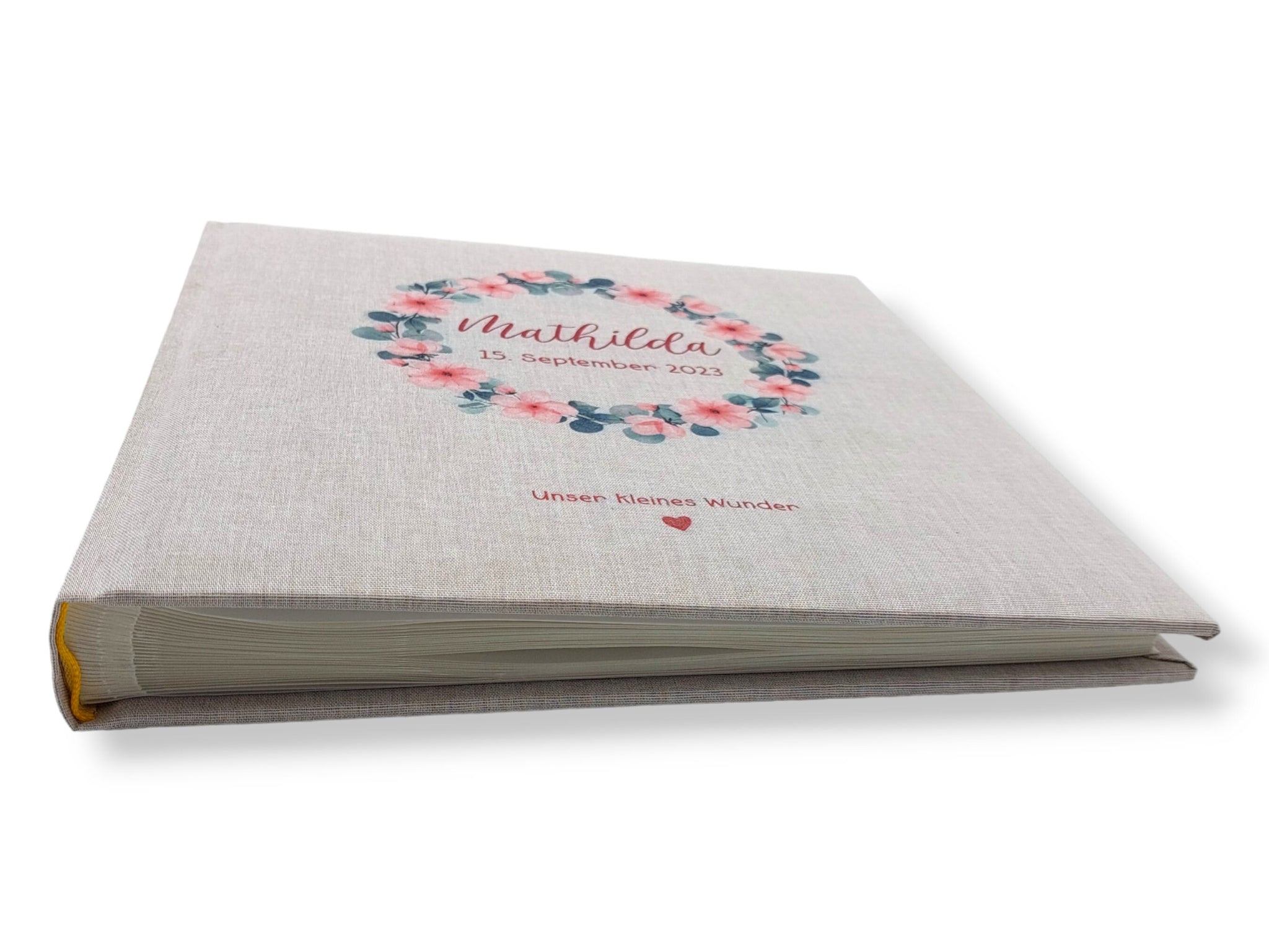 Fotoalbum personalisiert Baby, Kind "Blumenkranz 7" Leinen, Erinnerungsalbum