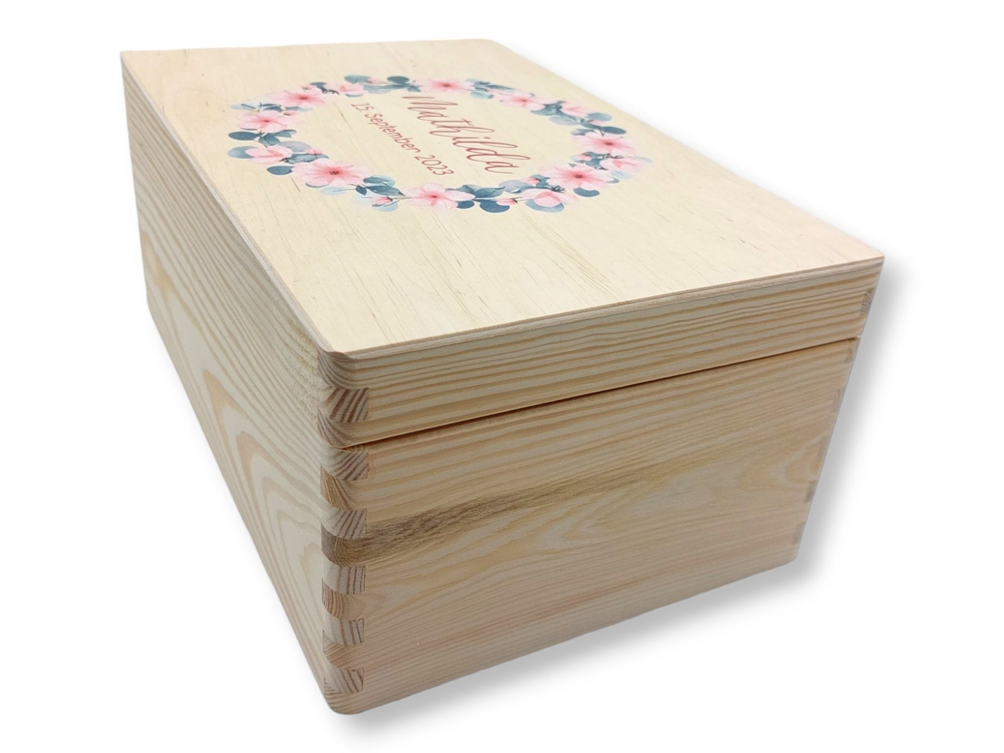 Erinnerungskiste Baby mit Namen "Blumenkranz 7" Geburtsdatum Erinnerungsbox für Kinder