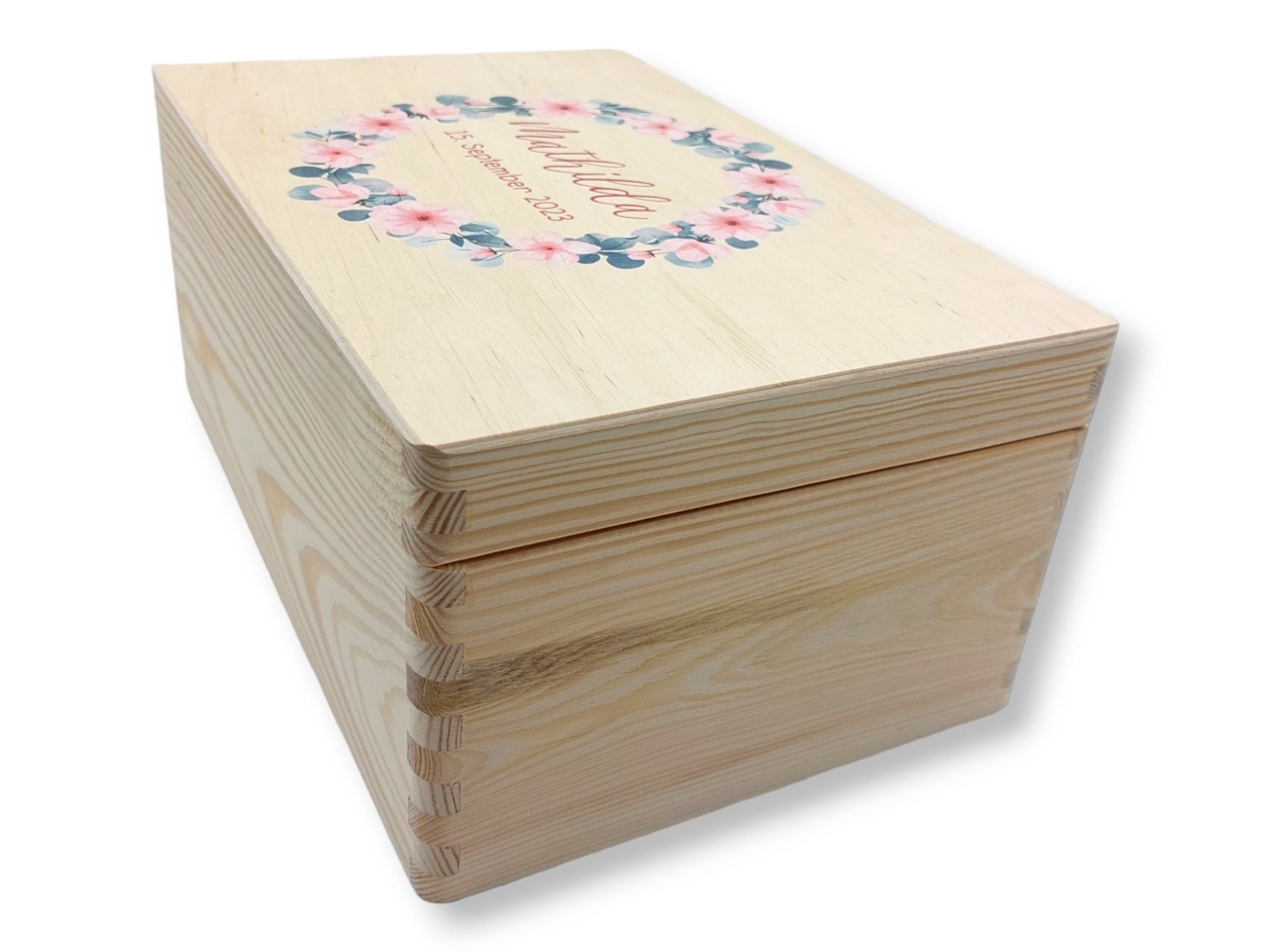 Erinnerungskiste Baby mit Namen "Blumenkranz 7" Geburtsdatum Erinnerungsbox für Kinder