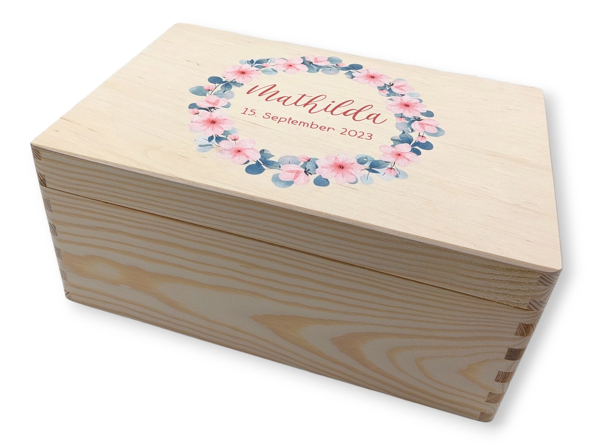 Erinnerungskiste Baby mit Namen "Blumenkranz 7" Geburtsdatum Erinnerungsbox für Kinder
