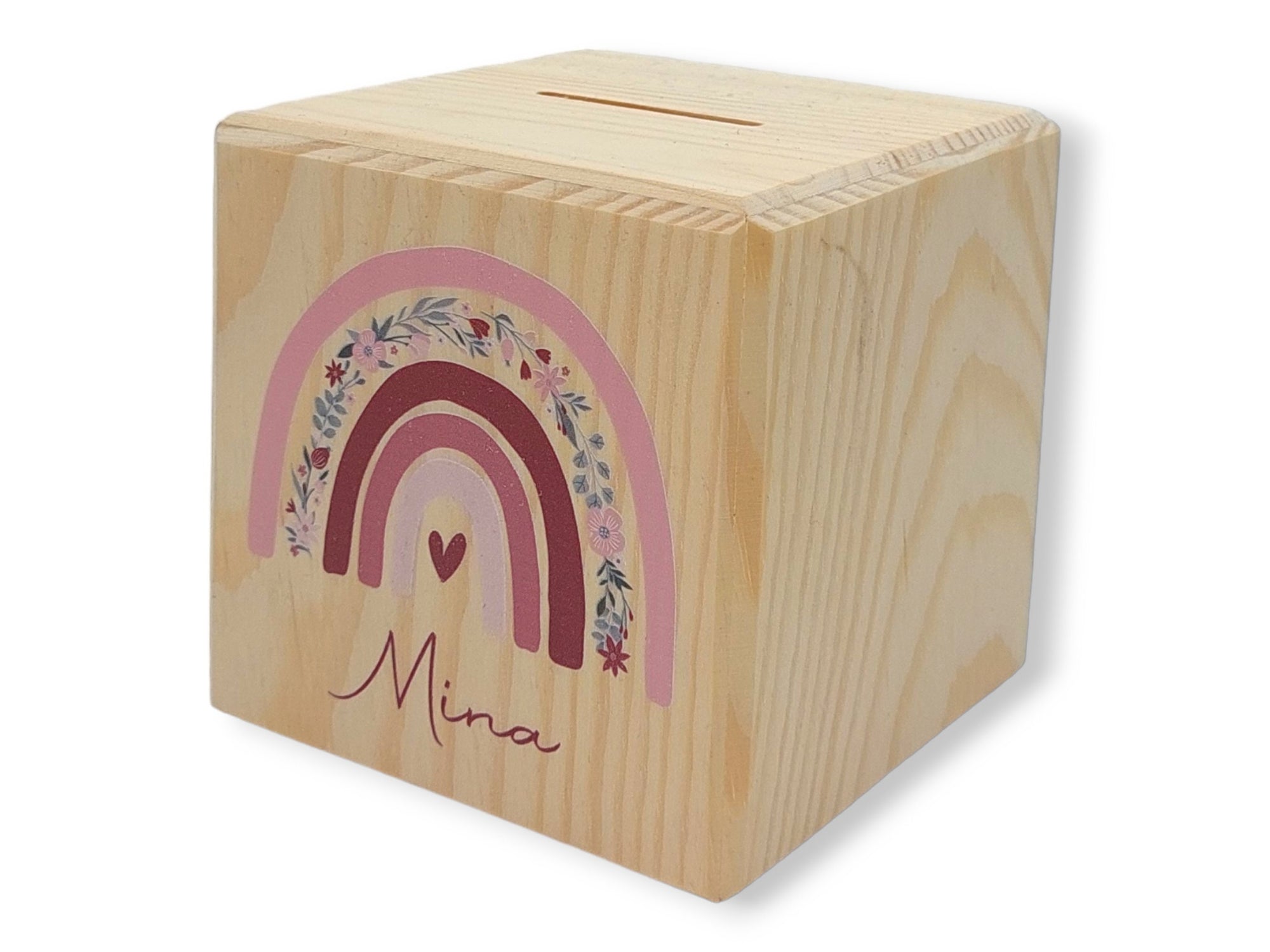 Holzspardose "Regenbogen Blumen" personalisiert mit Namen