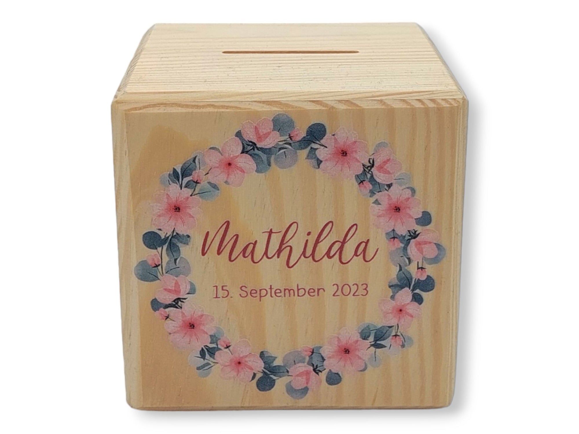 Holzspardose "Blumenkranz 7" personalisiert mit Namen
