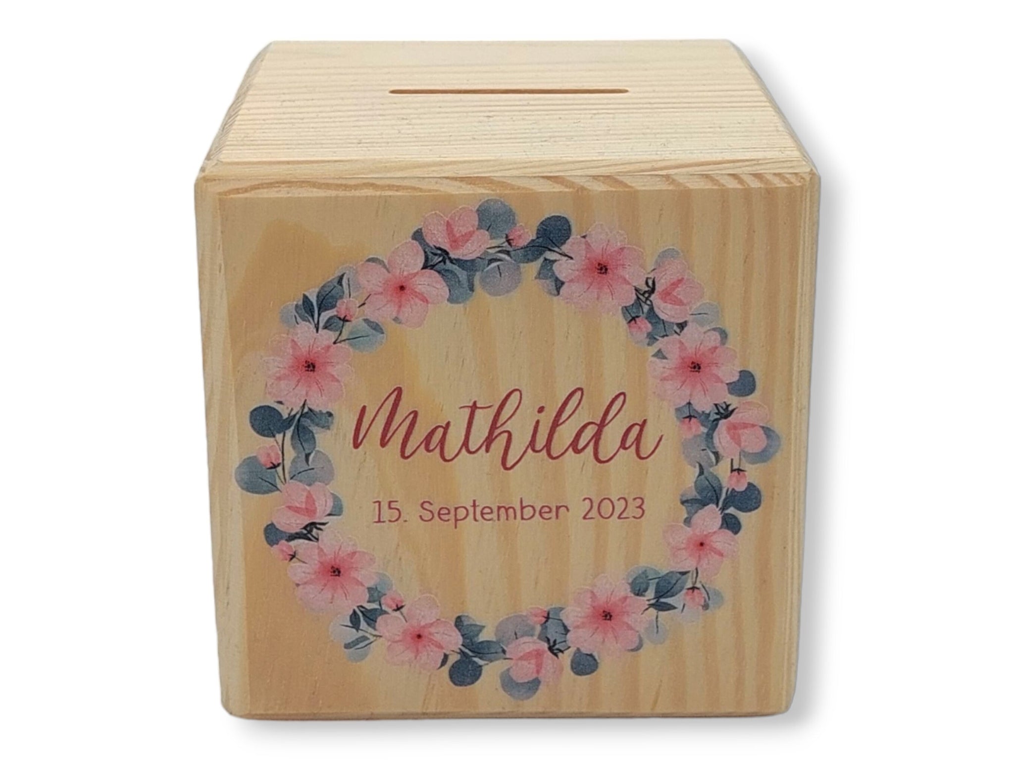 Holzspardose "Blumenkranz 7" personalisiert mit Namen