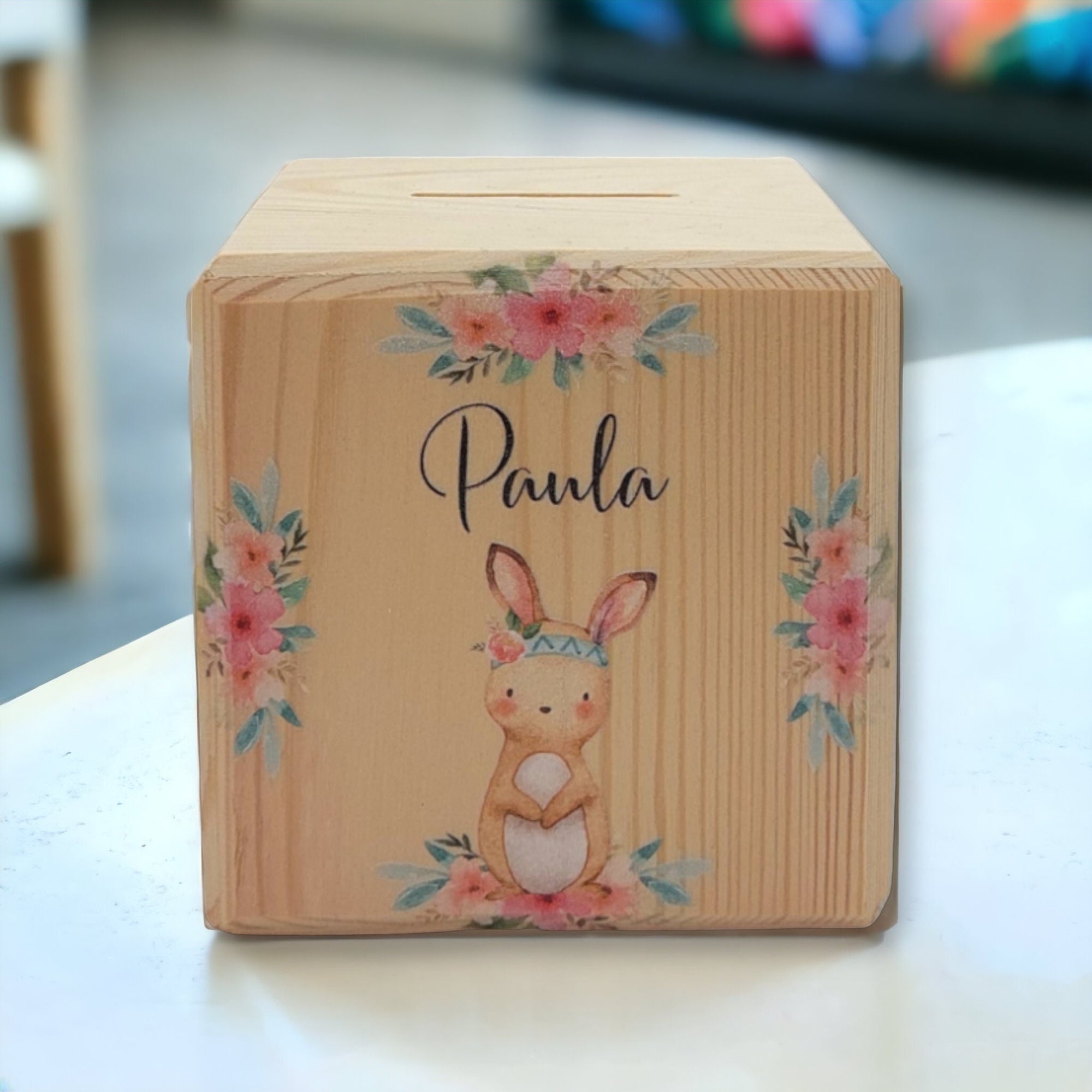Holzspardose "Boho Hase" personalisiert mit Namen