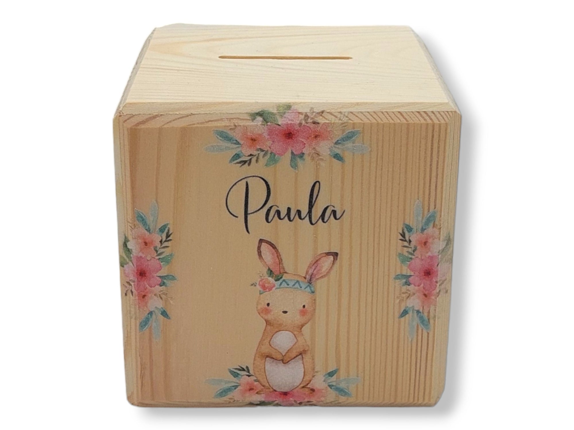 Holzspardose "Boho Hase" personalisiert mit Namen