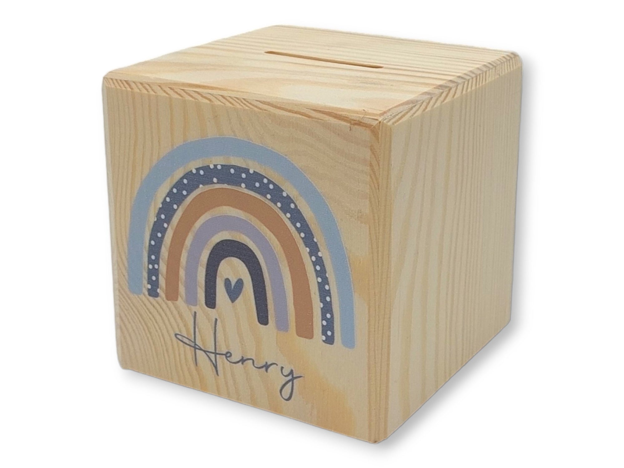 Holzspardose "Regenbogen Punkte" personalisiert mit Namen