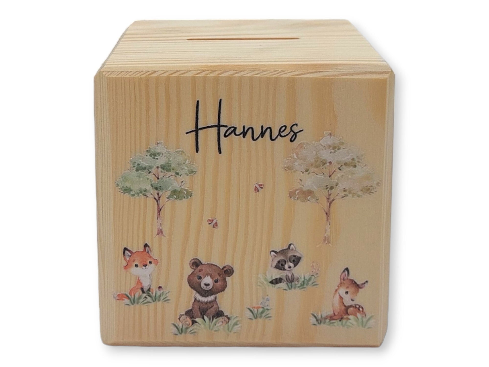 Holzspardose "Waldtiere" personalisiert mit Namen