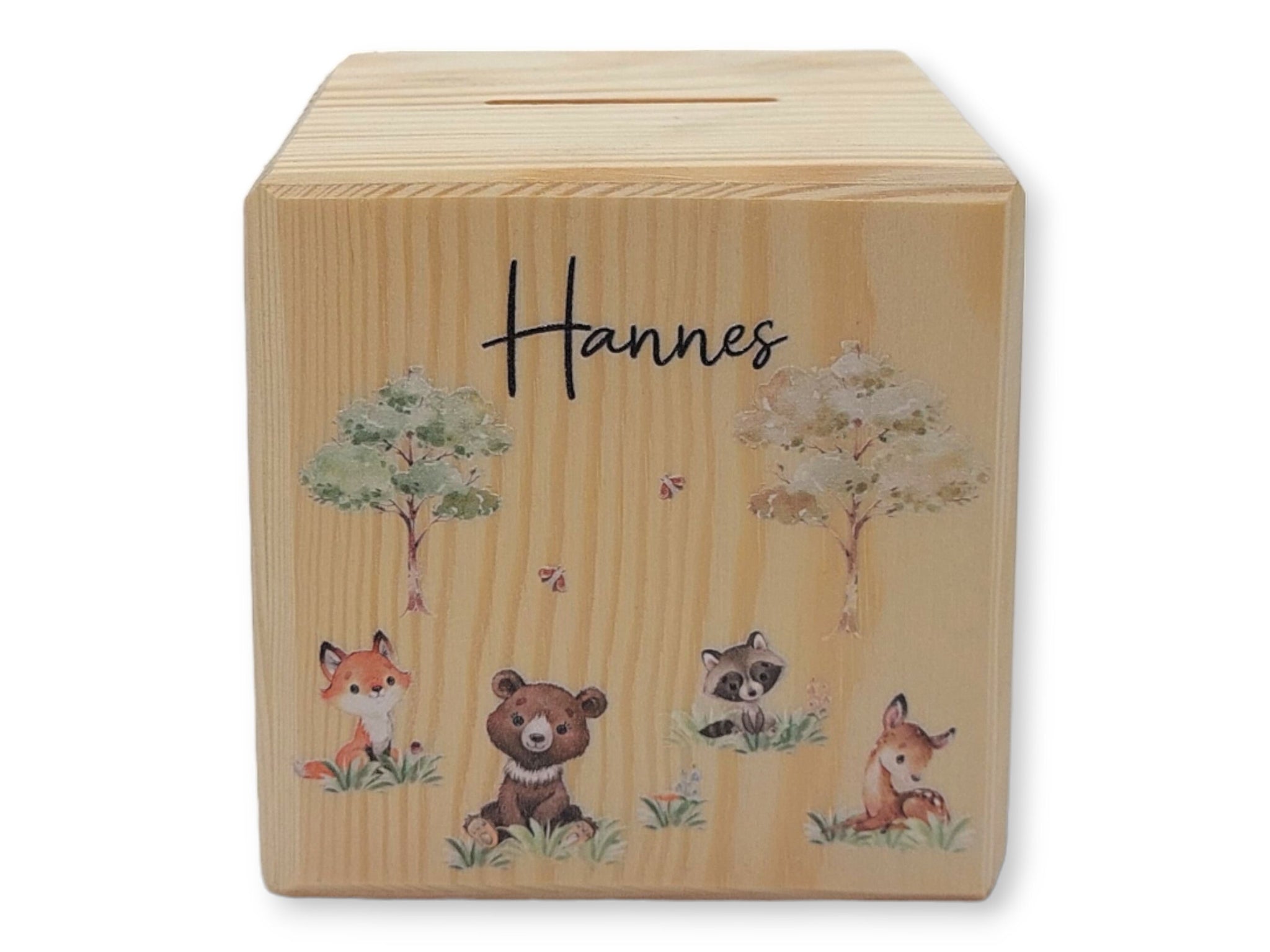 Holzspardose "Waldtiere" personalisiert mit Namen