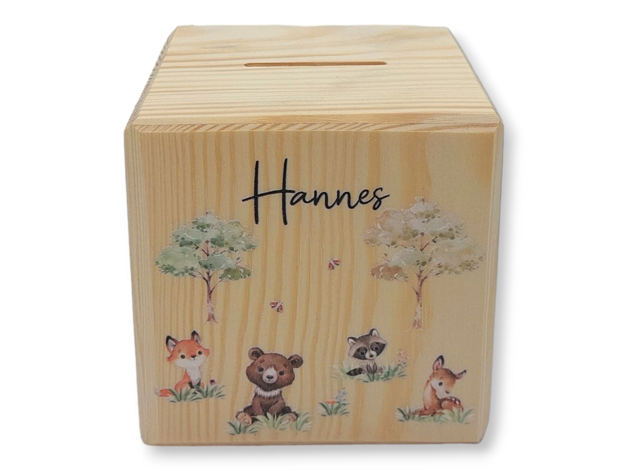 Holzspardose "Waldtiere" personalisiert mit Namen