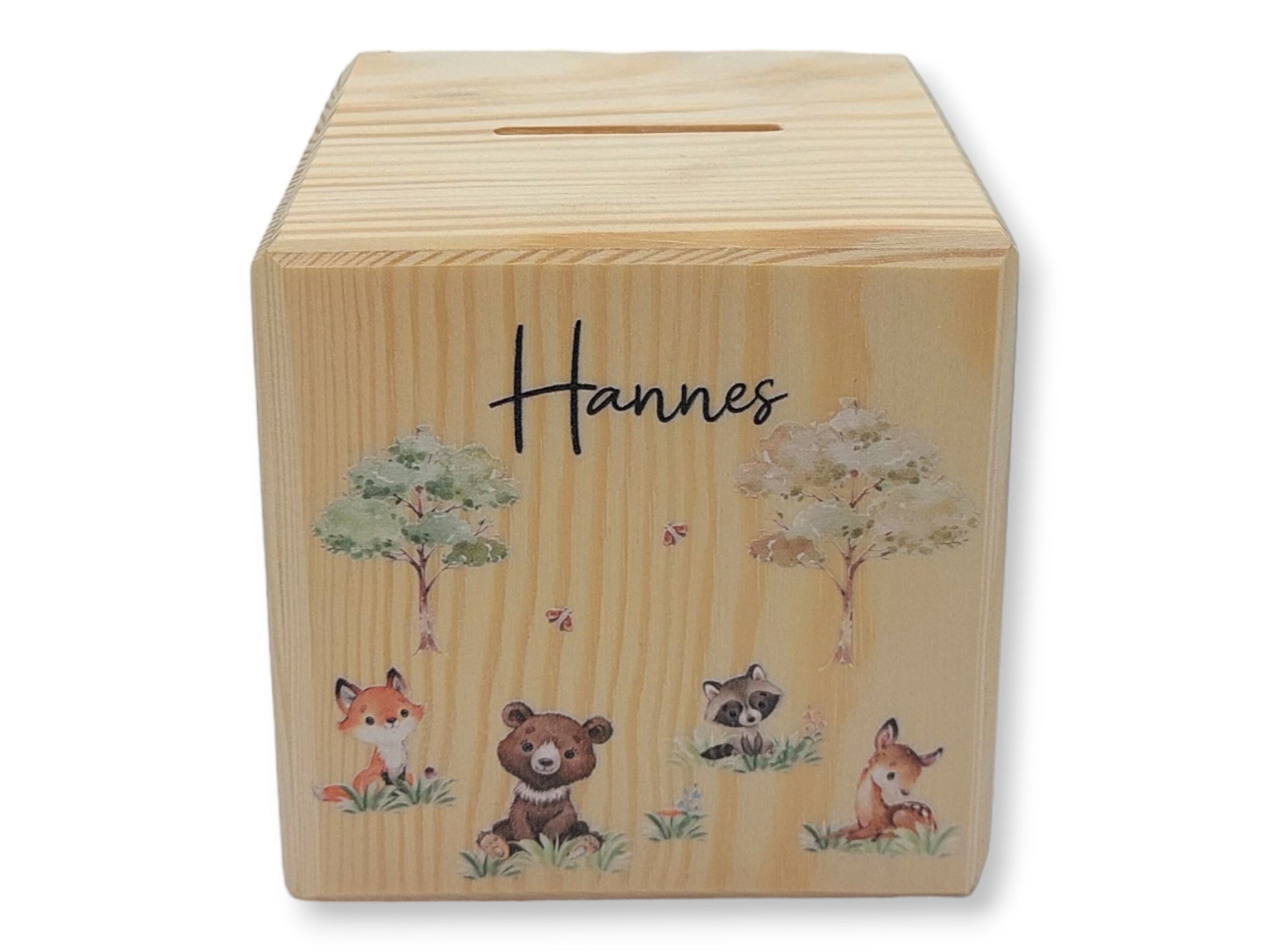 Holzspardose "Waldtiere" personalisiert mit Namen
