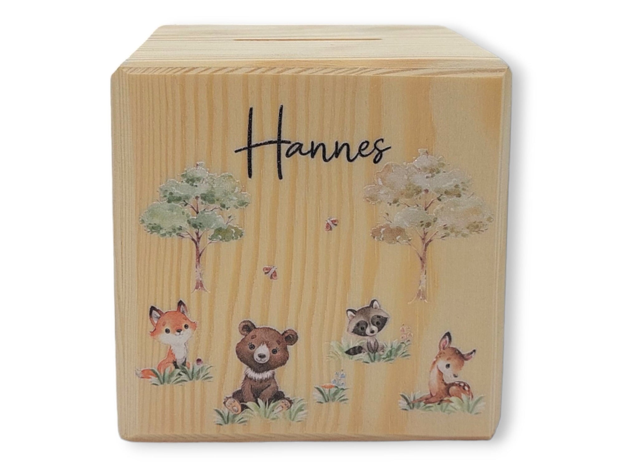 Holzspardose "Waldtiere" personalisiert mit Namen