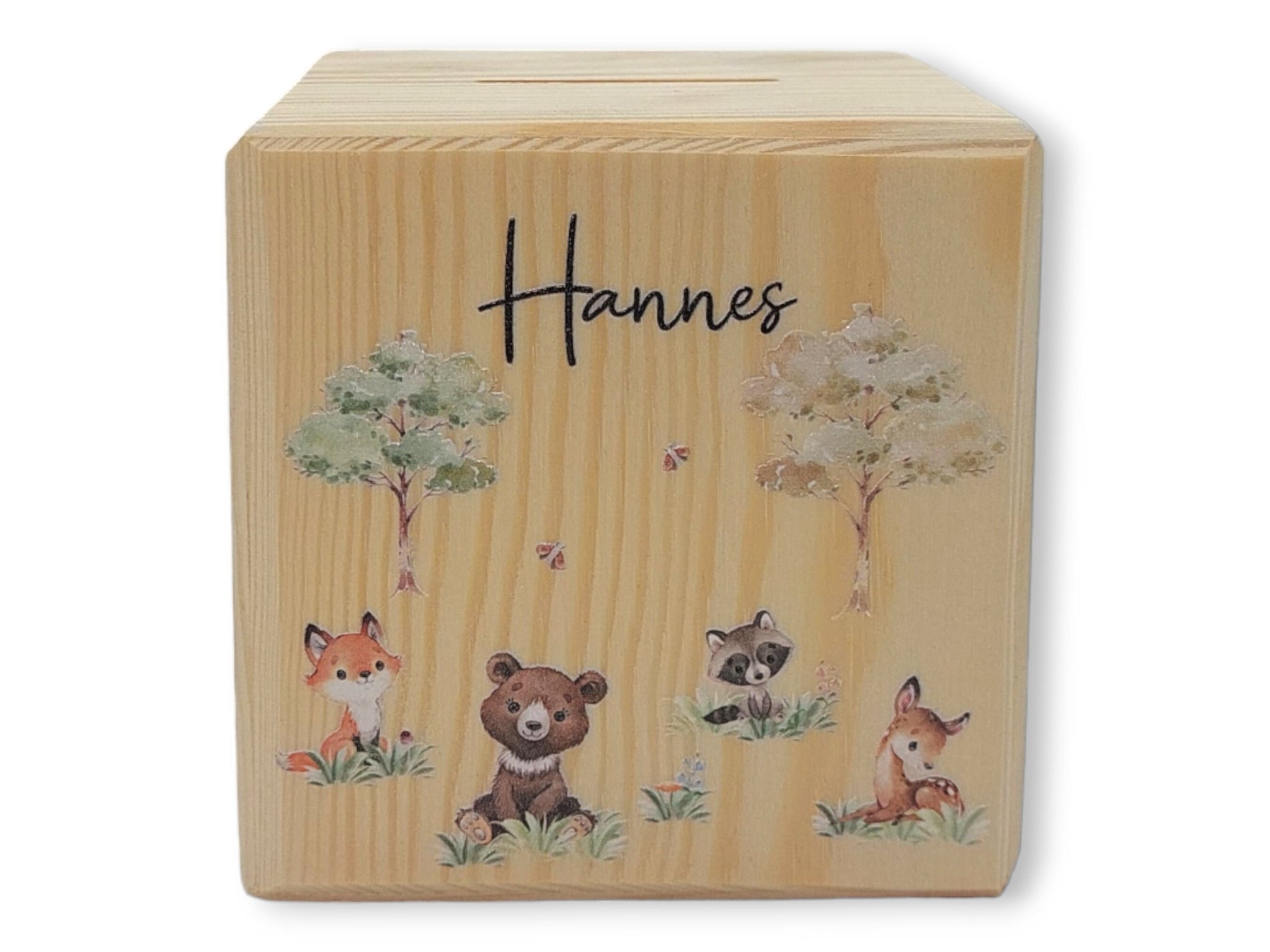 Holzspardose "Waldtiere" personalisiert mit Namen