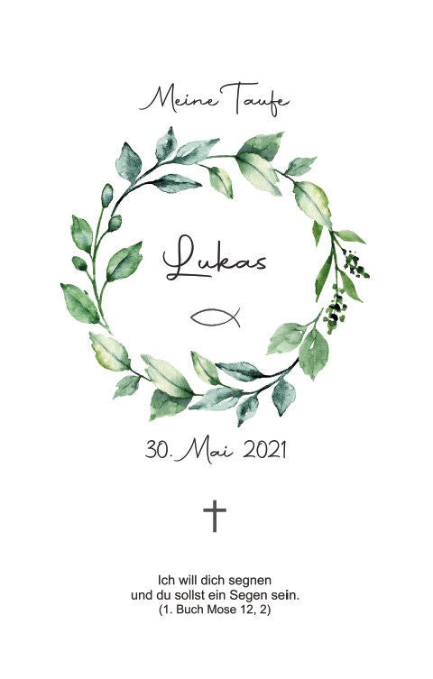 Taufkerze personalisiert mit Namen Datum und Taufspruch "Blumenkranz 6", Junge/ Mädchen