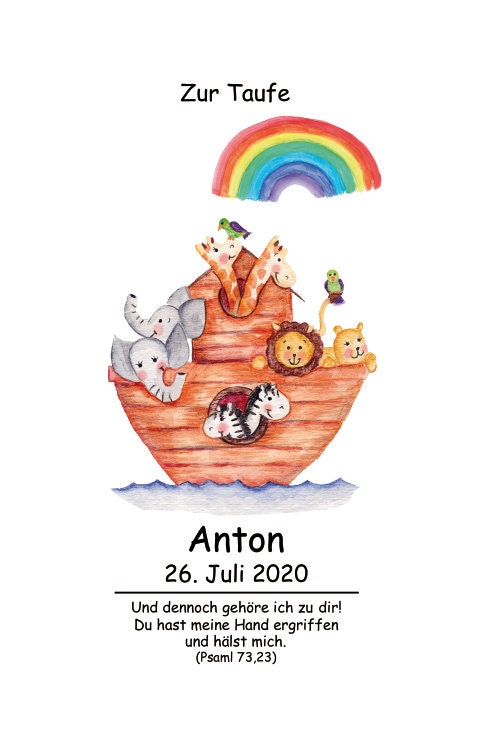 Taufkerze personalisiert mit Namen Datum und Taufspruch "Arche", Junge/ Mädchen/ Regenbogen