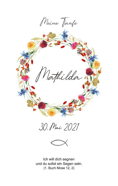 Taufkerze personalisiert mit Namen Datum und Taufspruch "Kranz Wildflower", Geschenk zur Taufe, Taufgeschenk, Taufkerze floral, handgemacht