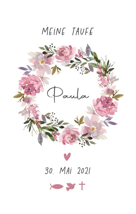 Taufkerze personalisiert mit Namen und Datum "Blumenkranz 2 Symbole", Junge/ Mädchen, personalisierte Taufkerze, handgemachte Taufkerzen