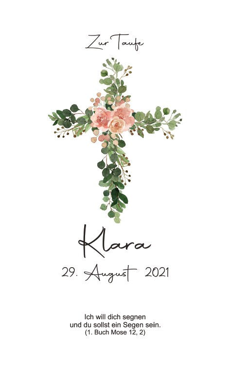 Taufkerze personalisiert mit Namen Datum und Taufspruch "Kreuz floral Blume", Junge/ Mädchen