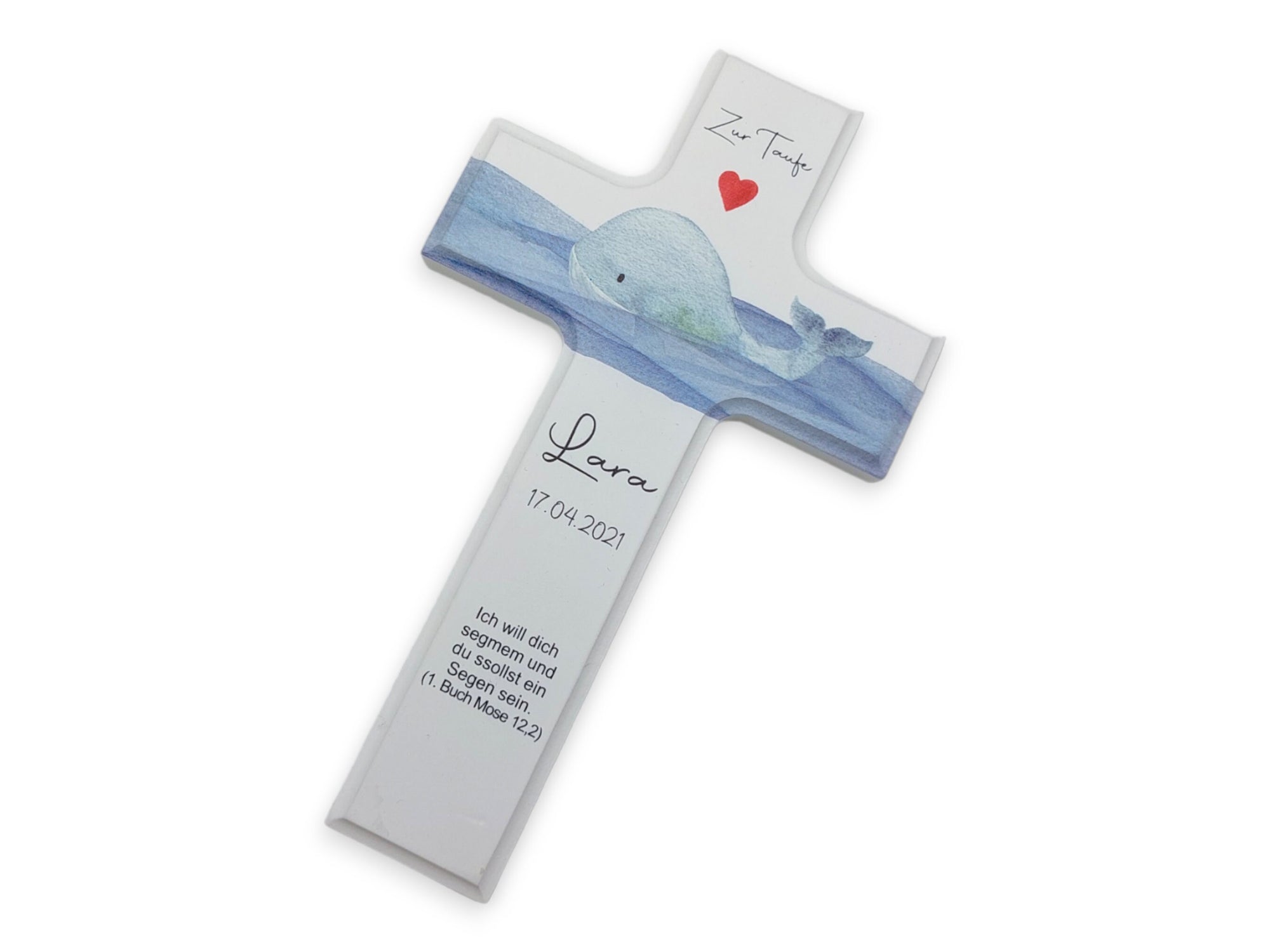 Taufkreuz / Kinderkreuz personalisiert "Wal Herz" Wandkreuz aus Holz