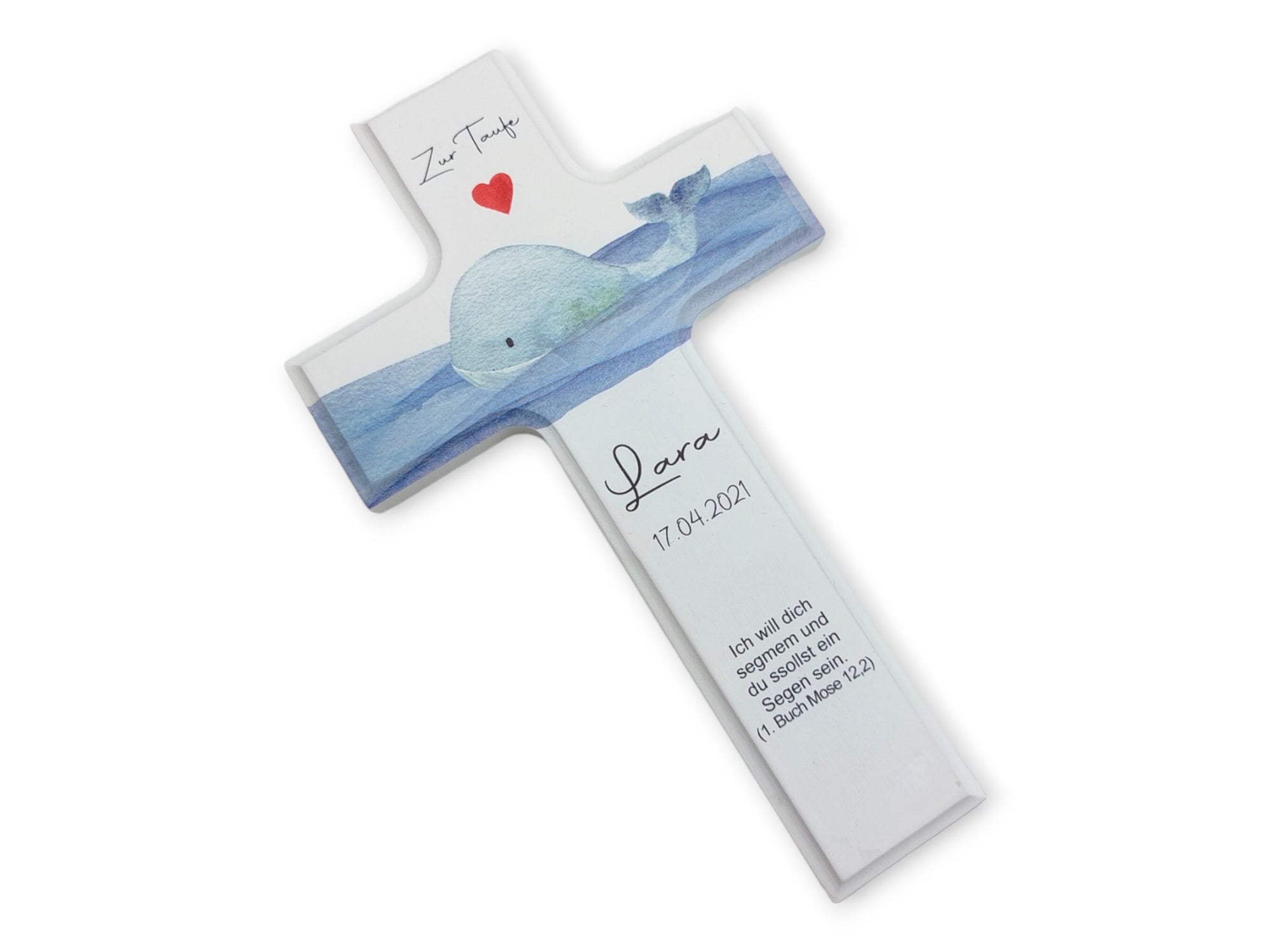 Taufkreuz / Kinderkreuz personalisiert "Wal Herz" Wandkreuz aus Holz