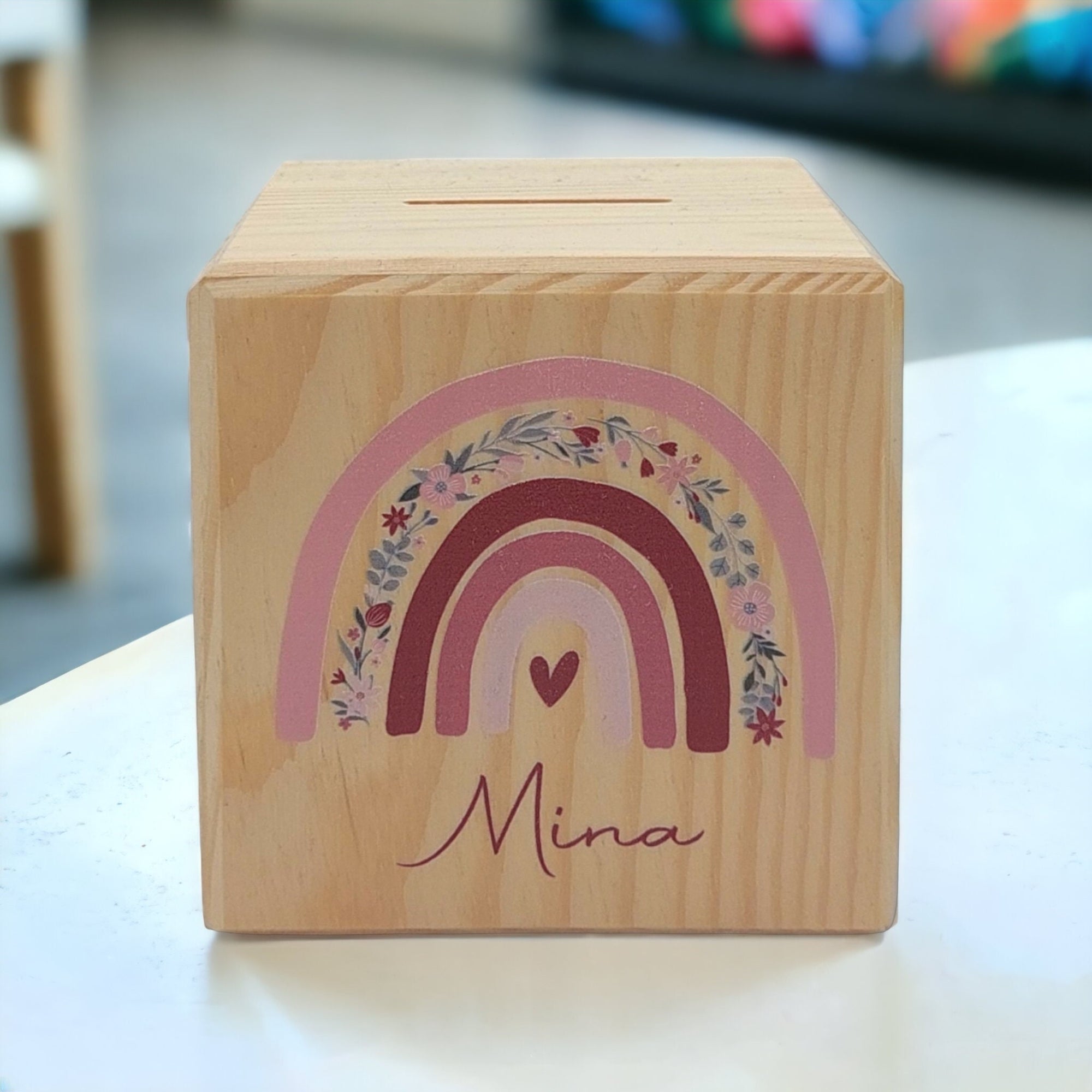 Holzspardose "Regenbogen Blumen" personalisiert mit Namen