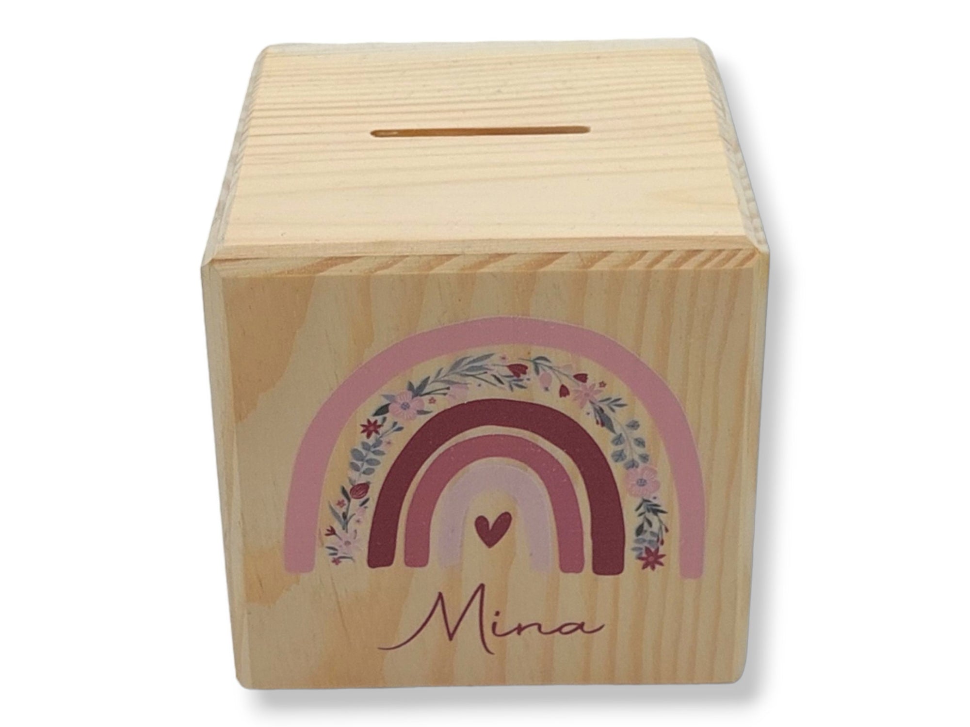 Holzspardose "Regenbogen Blumen" personalisiert mit Namen