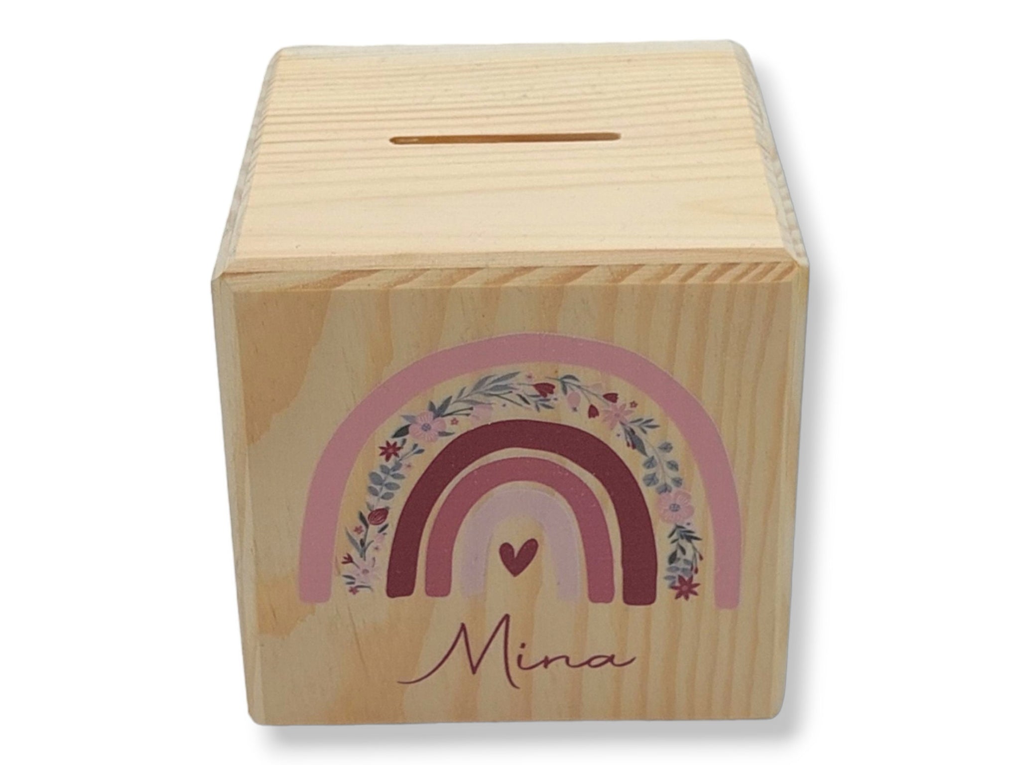 Holzspardose "Regenbogen Blumen" personalisiert mit Namen