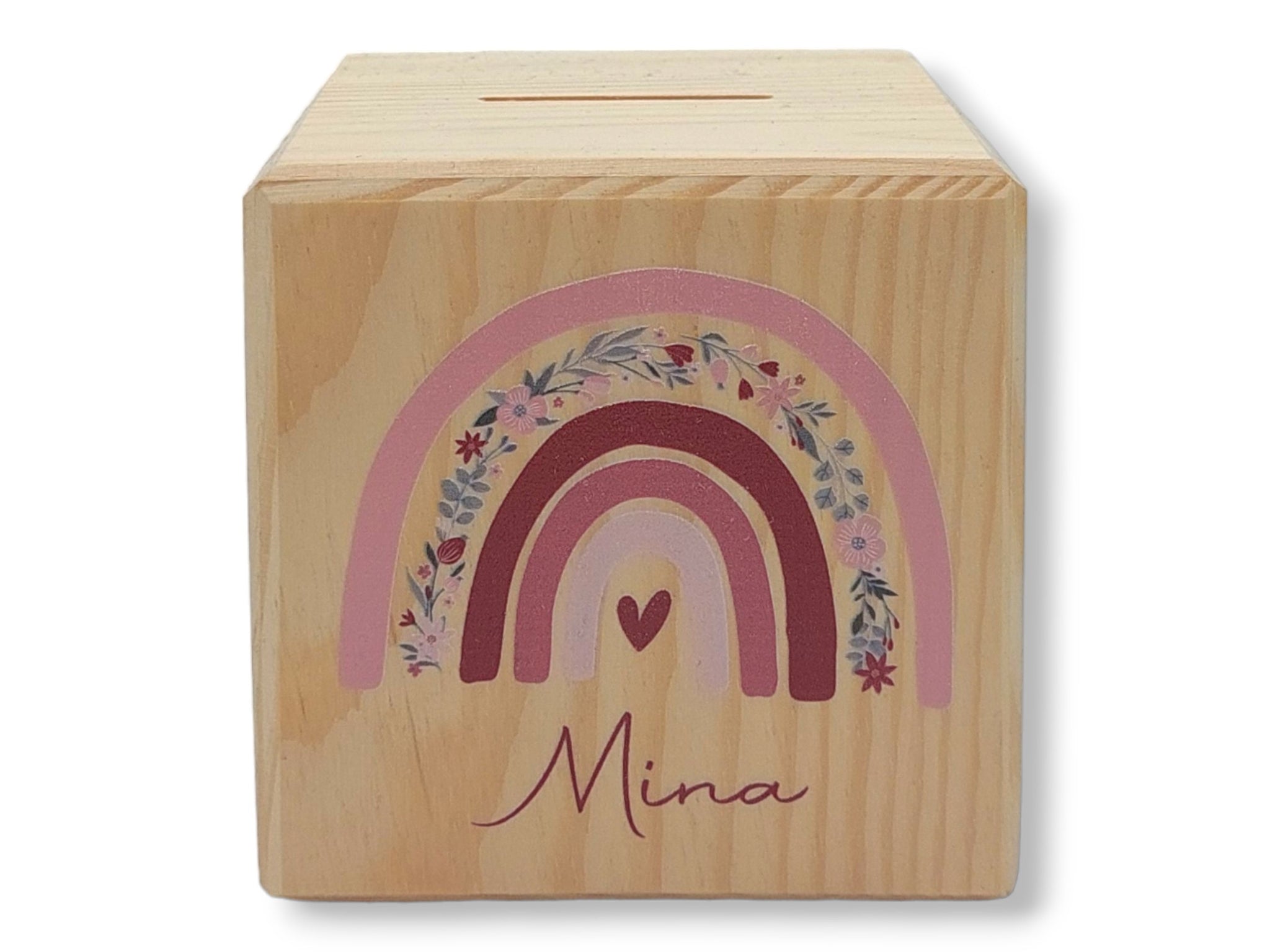 Holzspardose "Regenbogen Blumen" personalisiert mit Namen